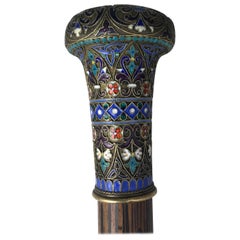 Antique Russian Cloisonné Enameled Walking Stick Handle, Late 19th Century