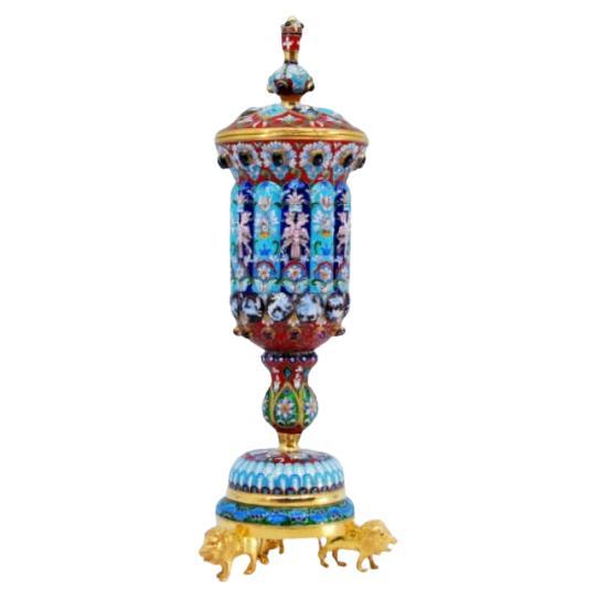 Russian cloisonné silver urn on three gilded lion feet For Sale