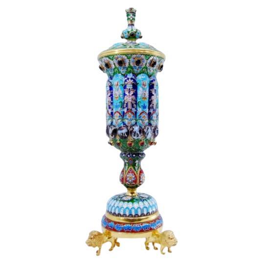 Russian cloisonné silver urn on three gilded lion feet