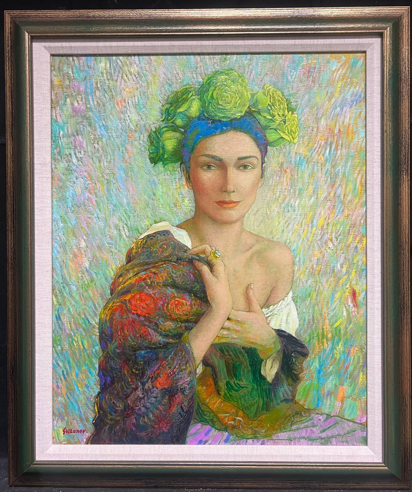 Fine Russian Symbolist Signed Oil Painting Portrait of Young Lady with Headpiece For Sale 7