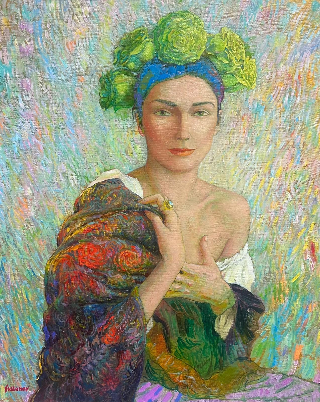 Russian contemporary Figurative Painting - Fine Russian Symbolist Signed Oil Painting Portrait of Young Lady with Headpiece