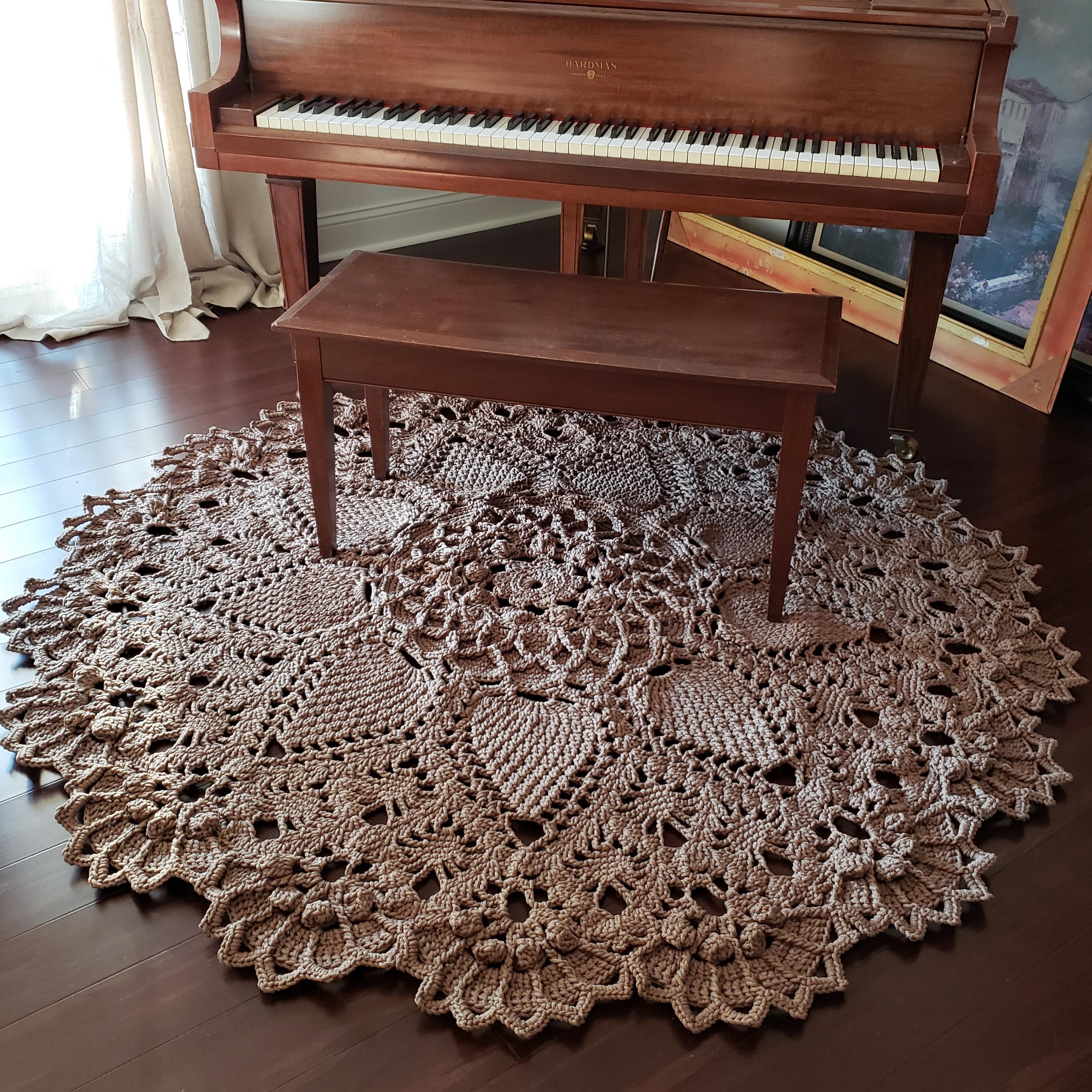 Gray Russian Crochet Round  Layered Rug, Three Dimensional Textile Tan Polyester Cord