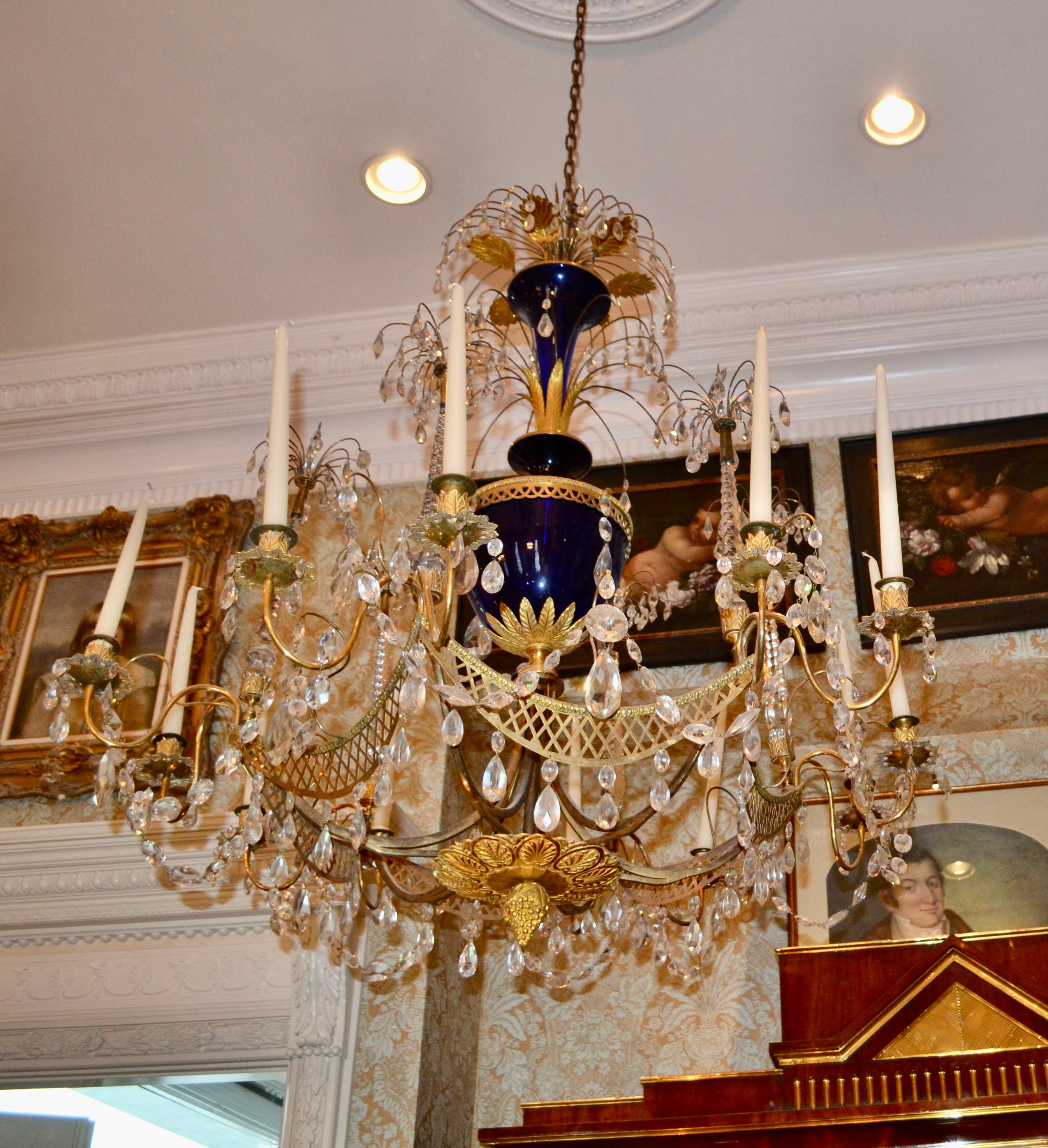 Russian Crystal, Cobalt Glass and Gilt Bronze Chandelier Attributed to Zekh For Sale 2