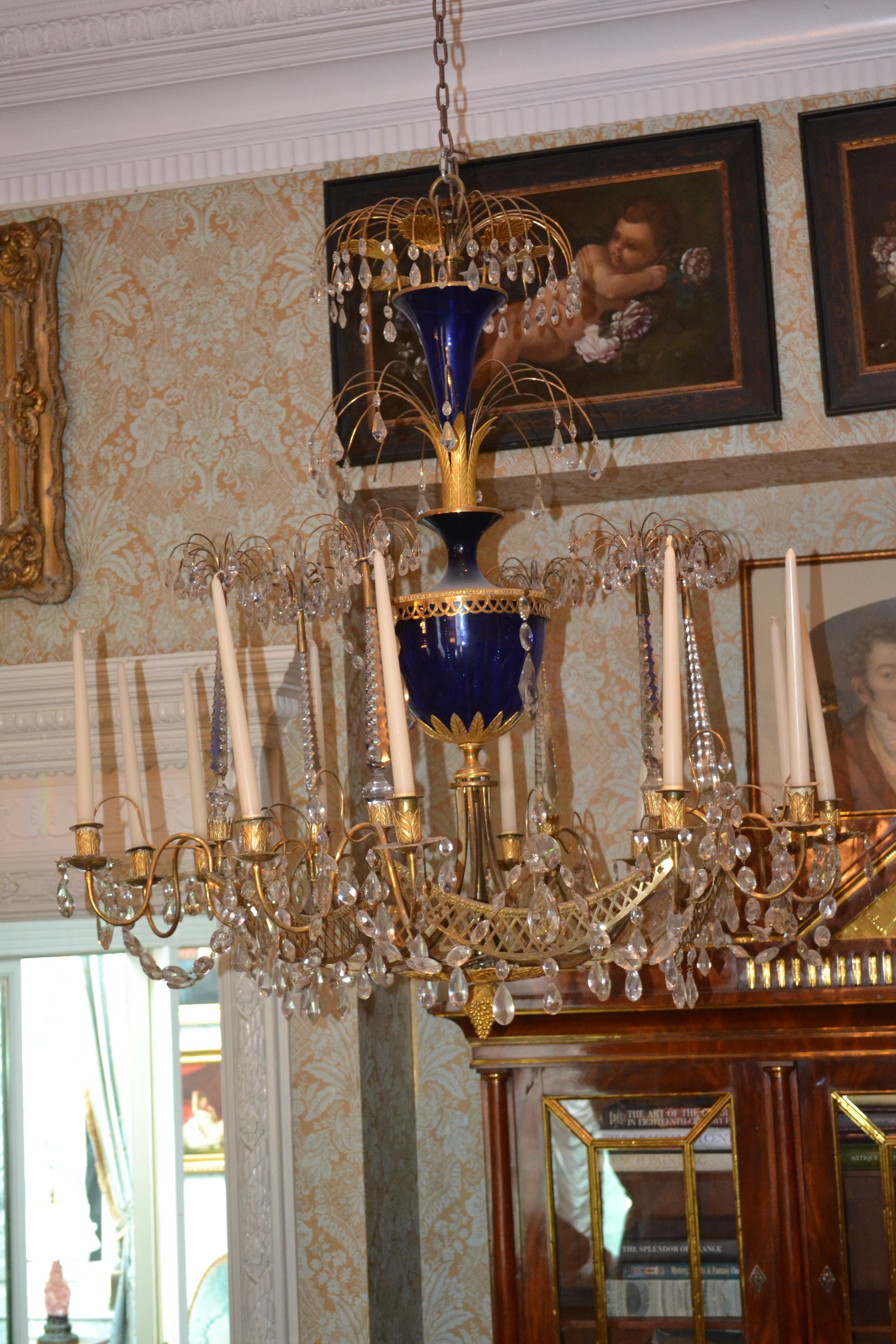 Other Russian Crystal, Cobalt Glass and Gilt Bronze Chandelier Attributed to Zekh For Sale