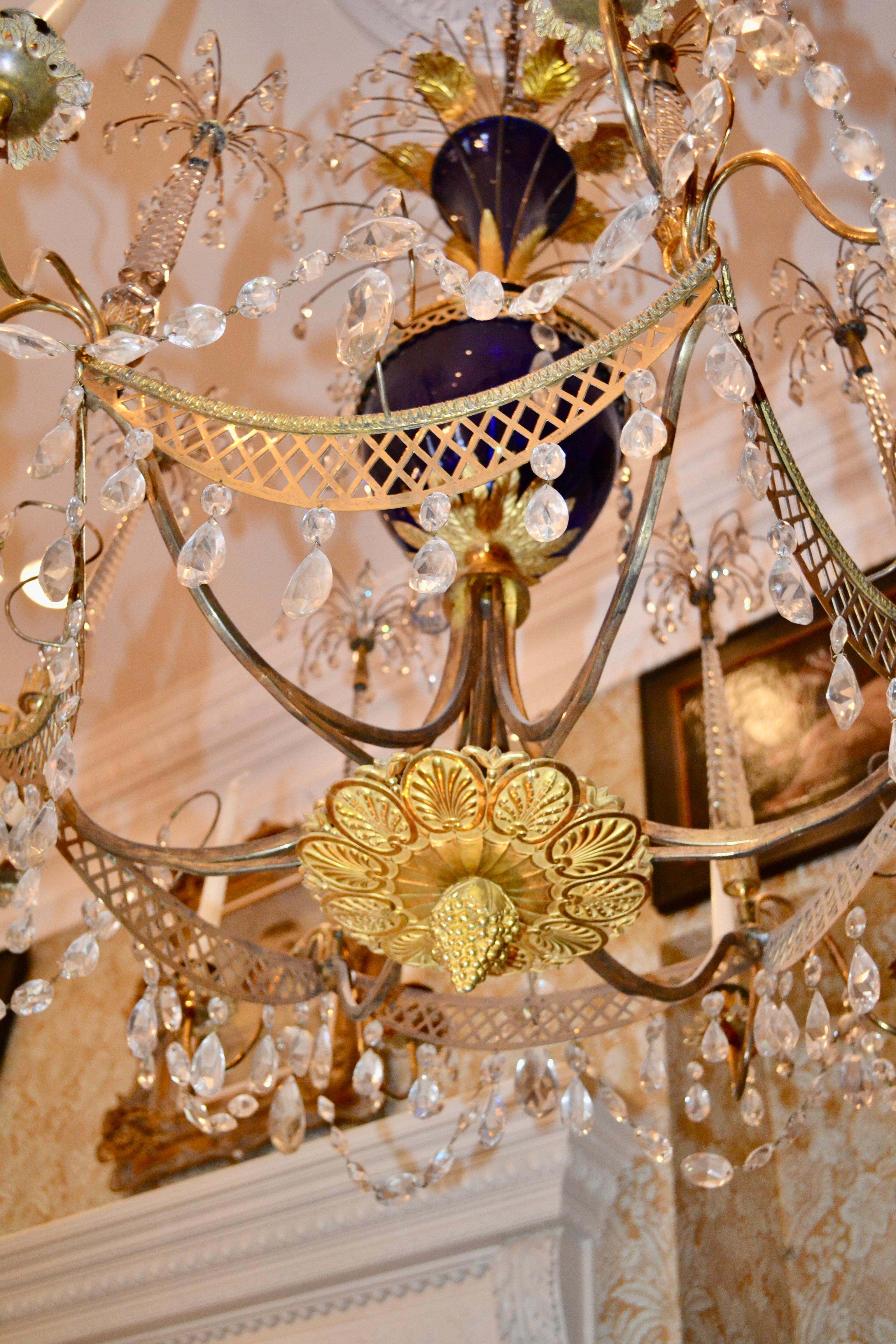 Russian Crystal, Cobalt Glass and Gilt Bronze Chandelier Attributed to Zekh For Sale 3