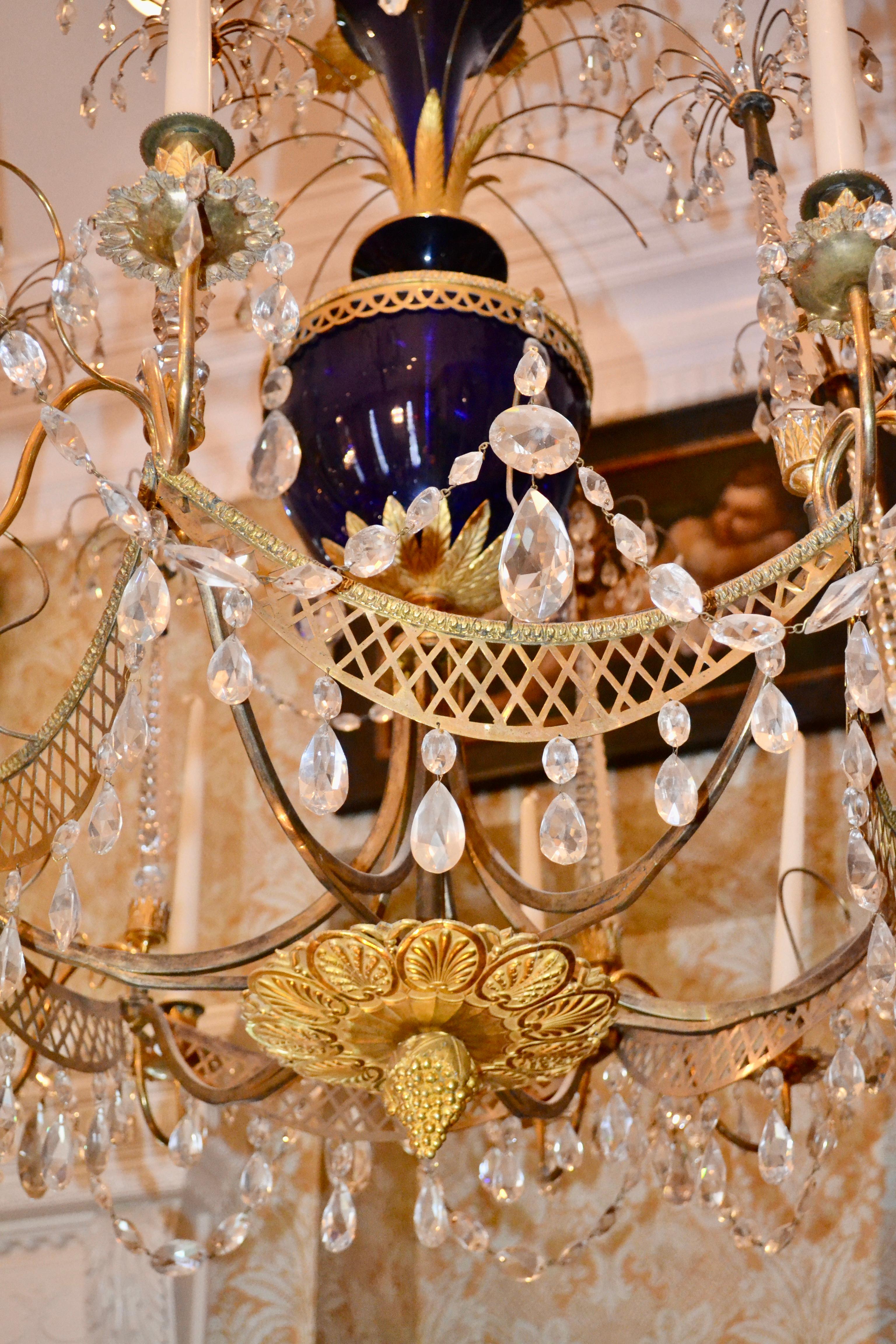 Russian Crystal, Cobalt Glass and Gilt Bronze Chandelier Attributed to Zekh For Sale 4