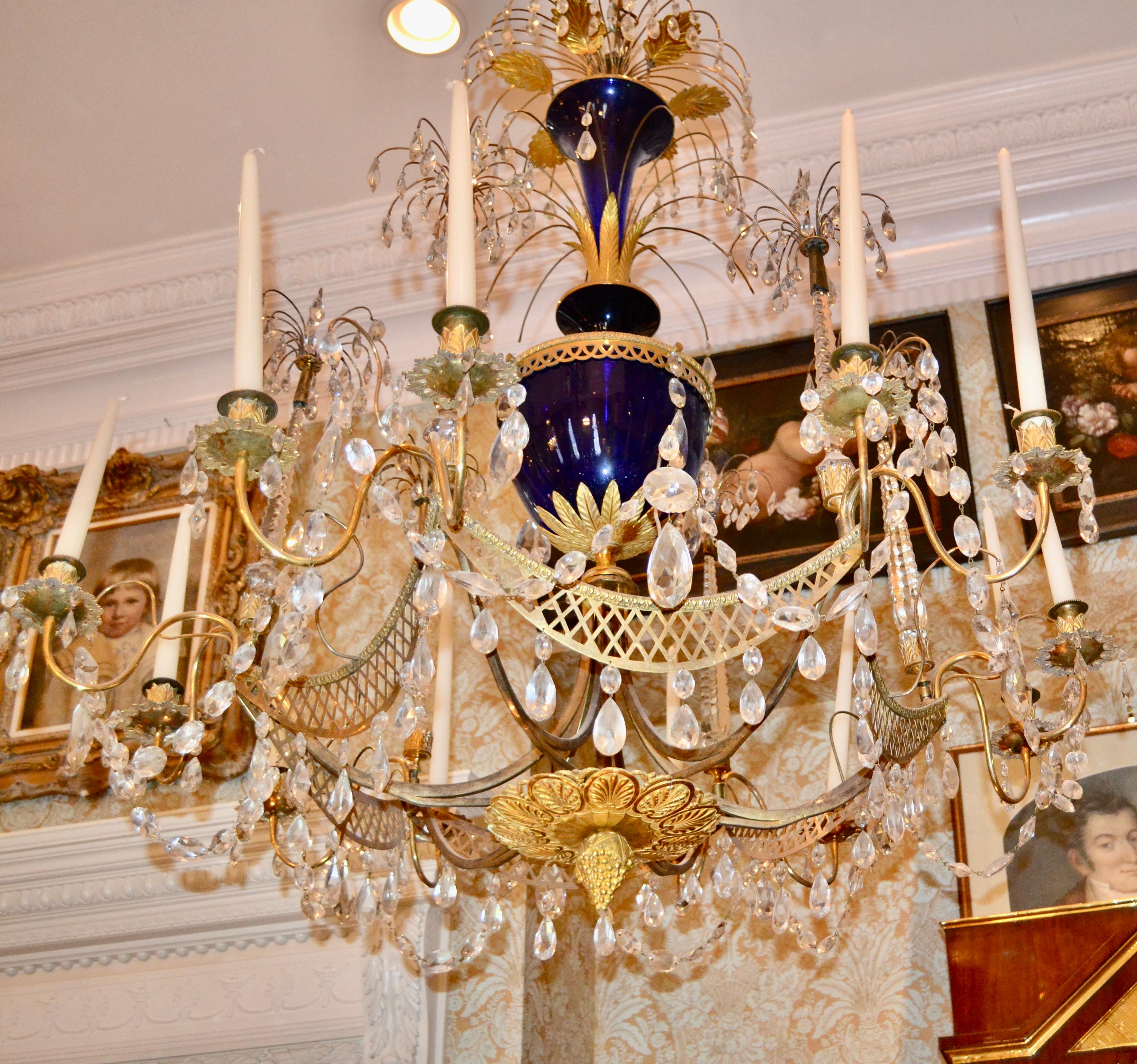 Russian Crystal, Cobalt Glass and Gilt Bronze Chandelier Attributed to Zekh For Sale 5