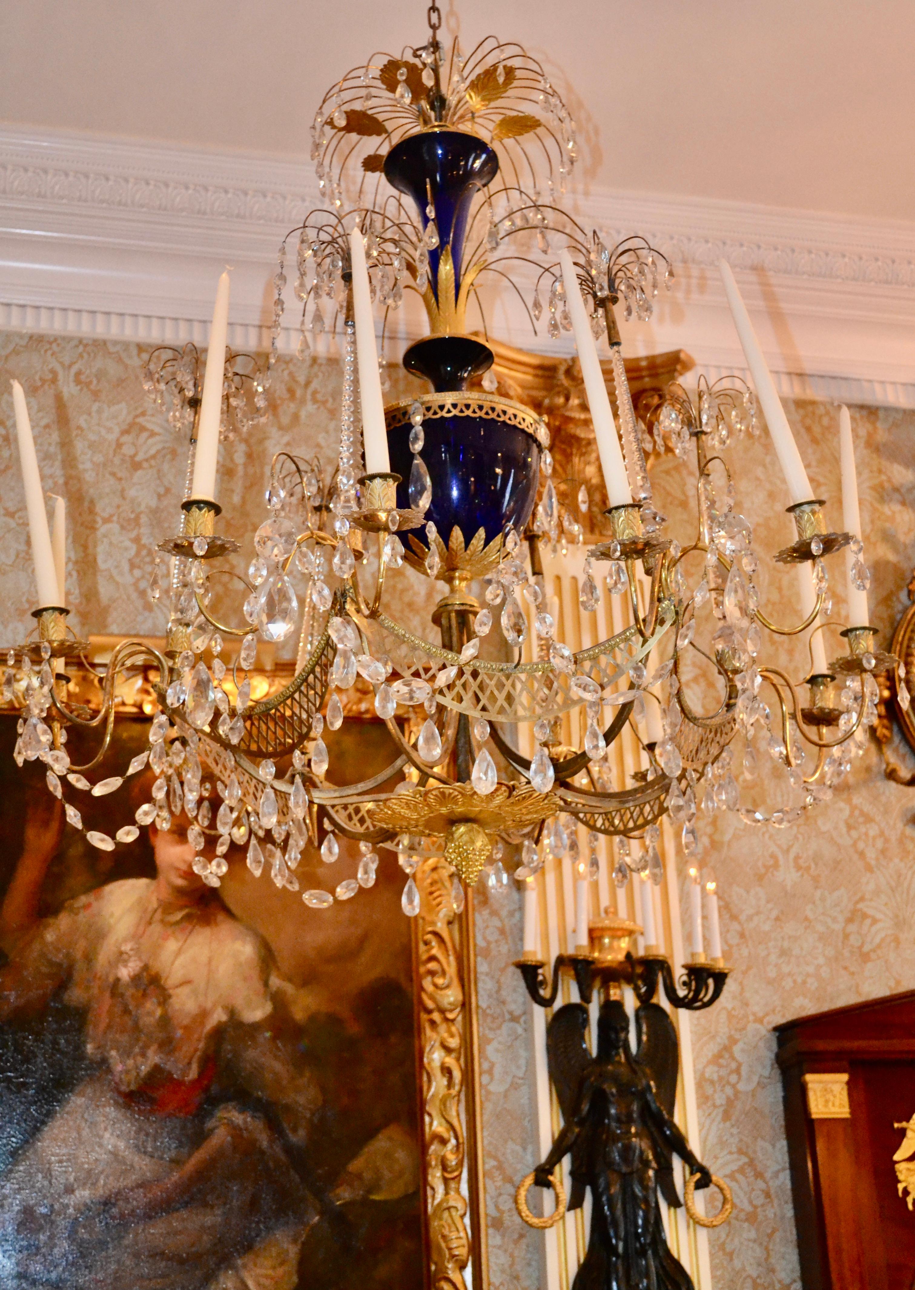 Russian Crystal, Cobalt Glass and Gilt Bronze Chandelier Attributed to Zekh For Sale 6