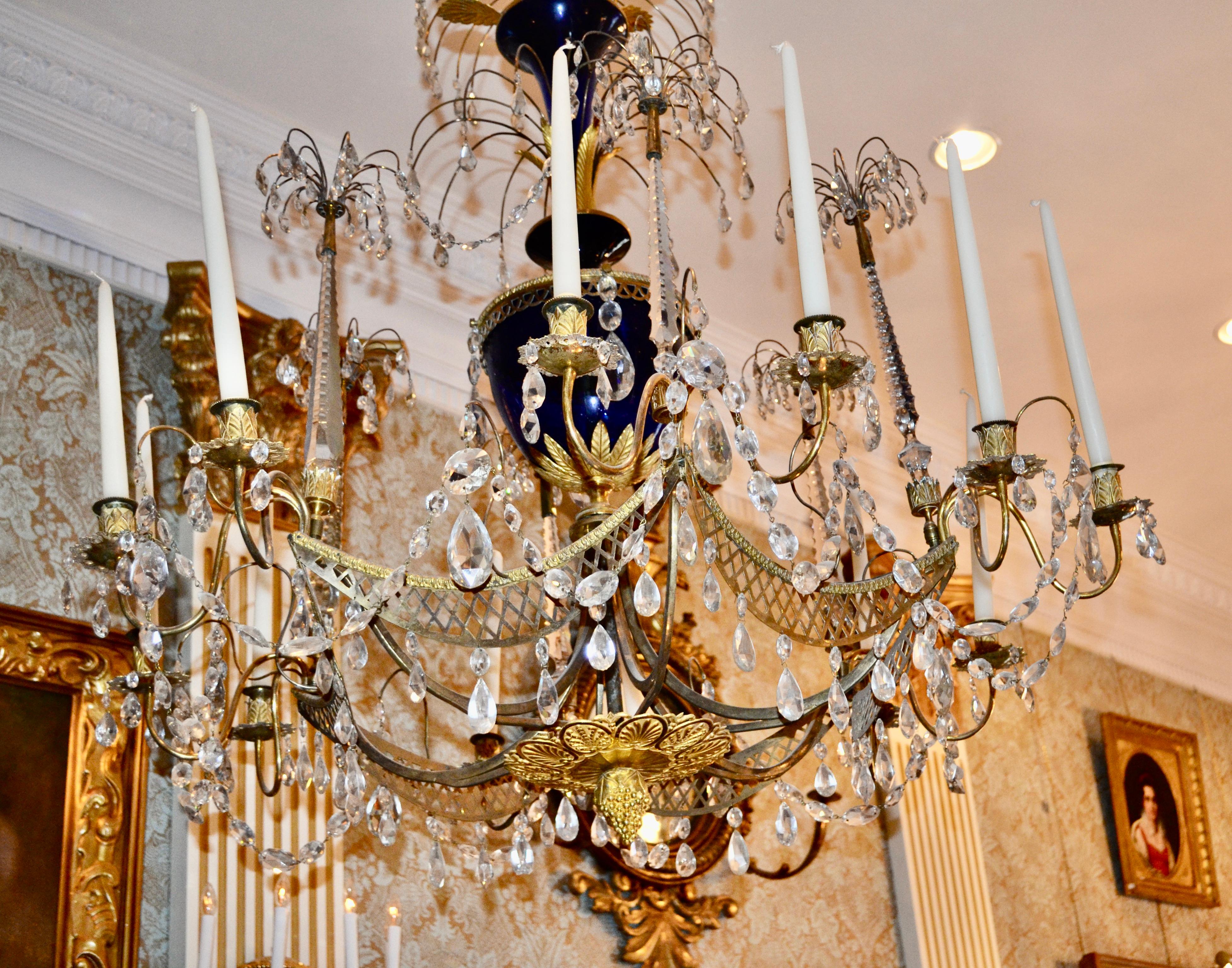 Russian Crystal, Cobalt Glass and Gilt Bronze Chandelier Attributed to Zekh For Sale 7