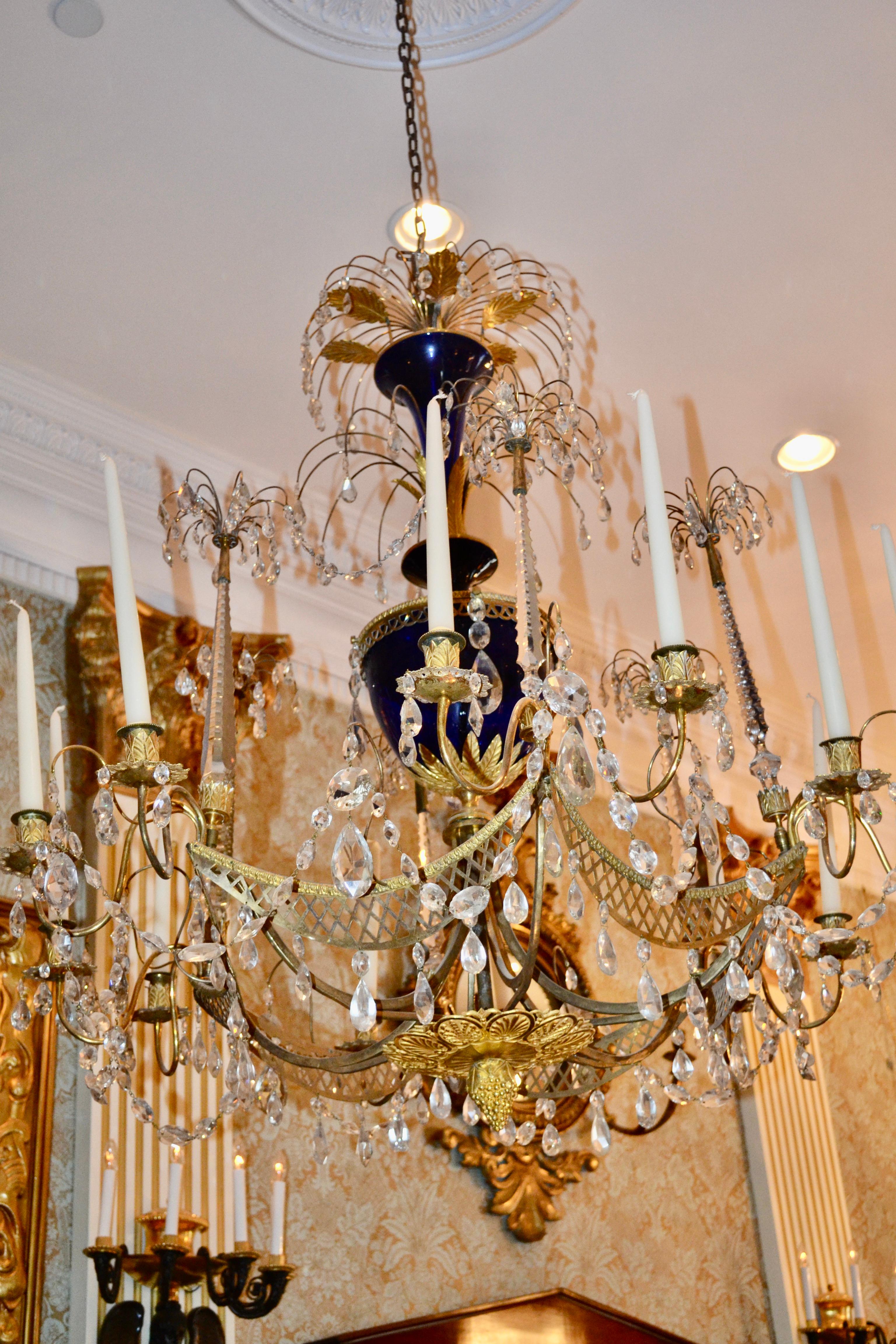 Russian Crystal, Cobalt Glass and Gilt Bronze Chandelier Attributed to Zekh For Sale 8