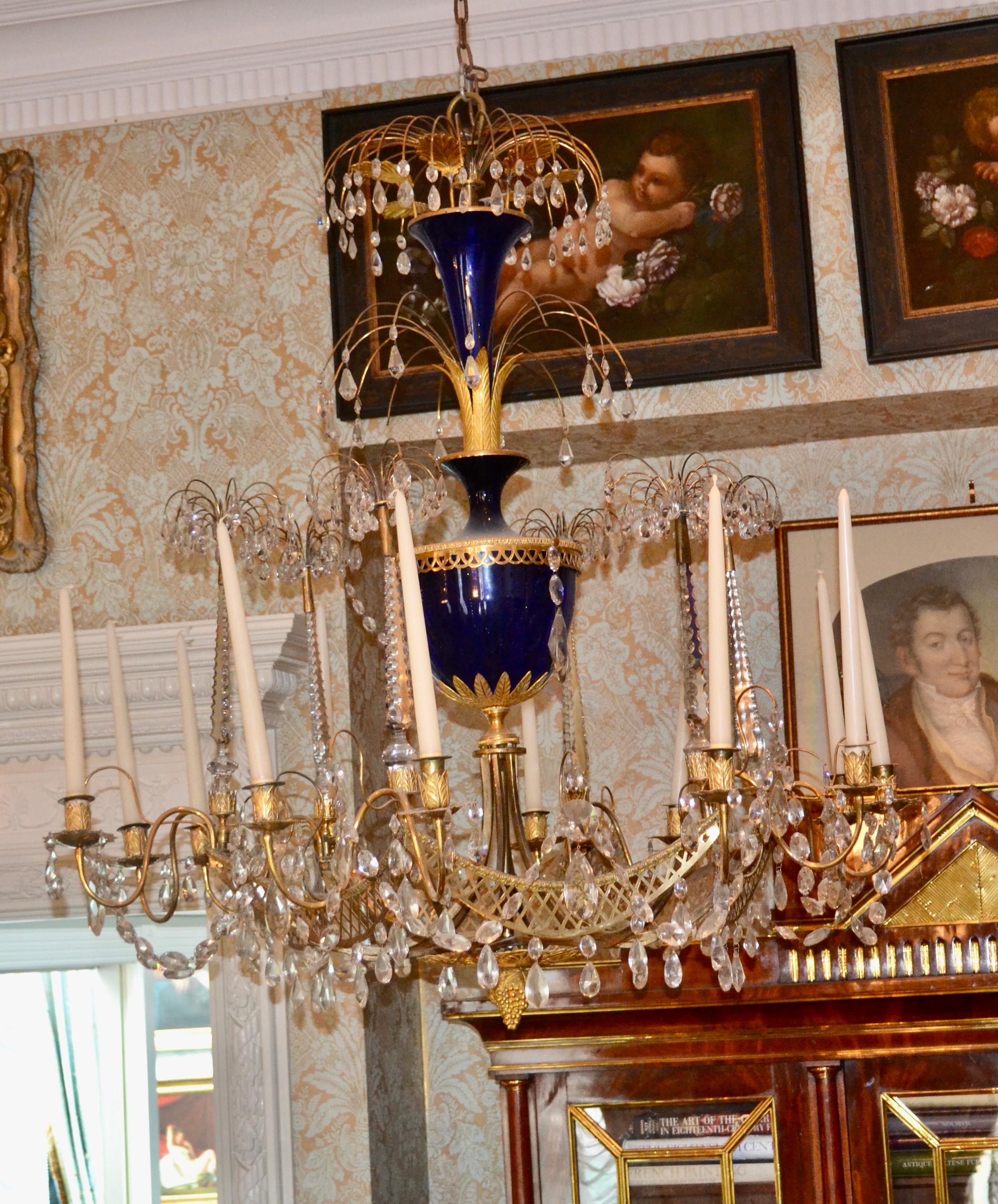 Russian Crystal, Cobalt Glass and Gilt Bronze Chandelier Attributed to Zekh For Sale 9