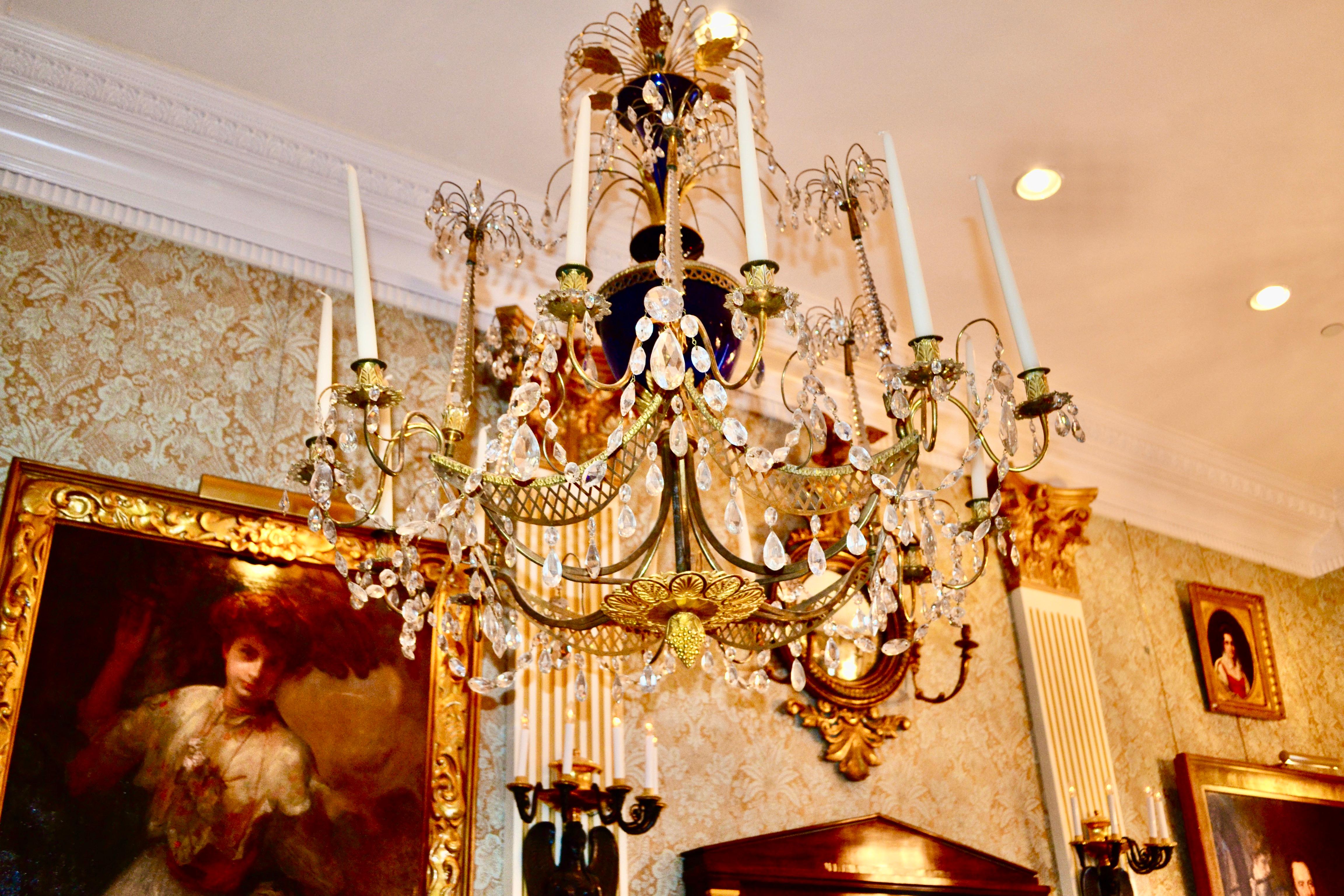 Russian Crystal, Cobalt Glass and Gilt Bronze Chandelier Attributed to Zekh In Good Condition For Sale In Vancouver, British Columbia