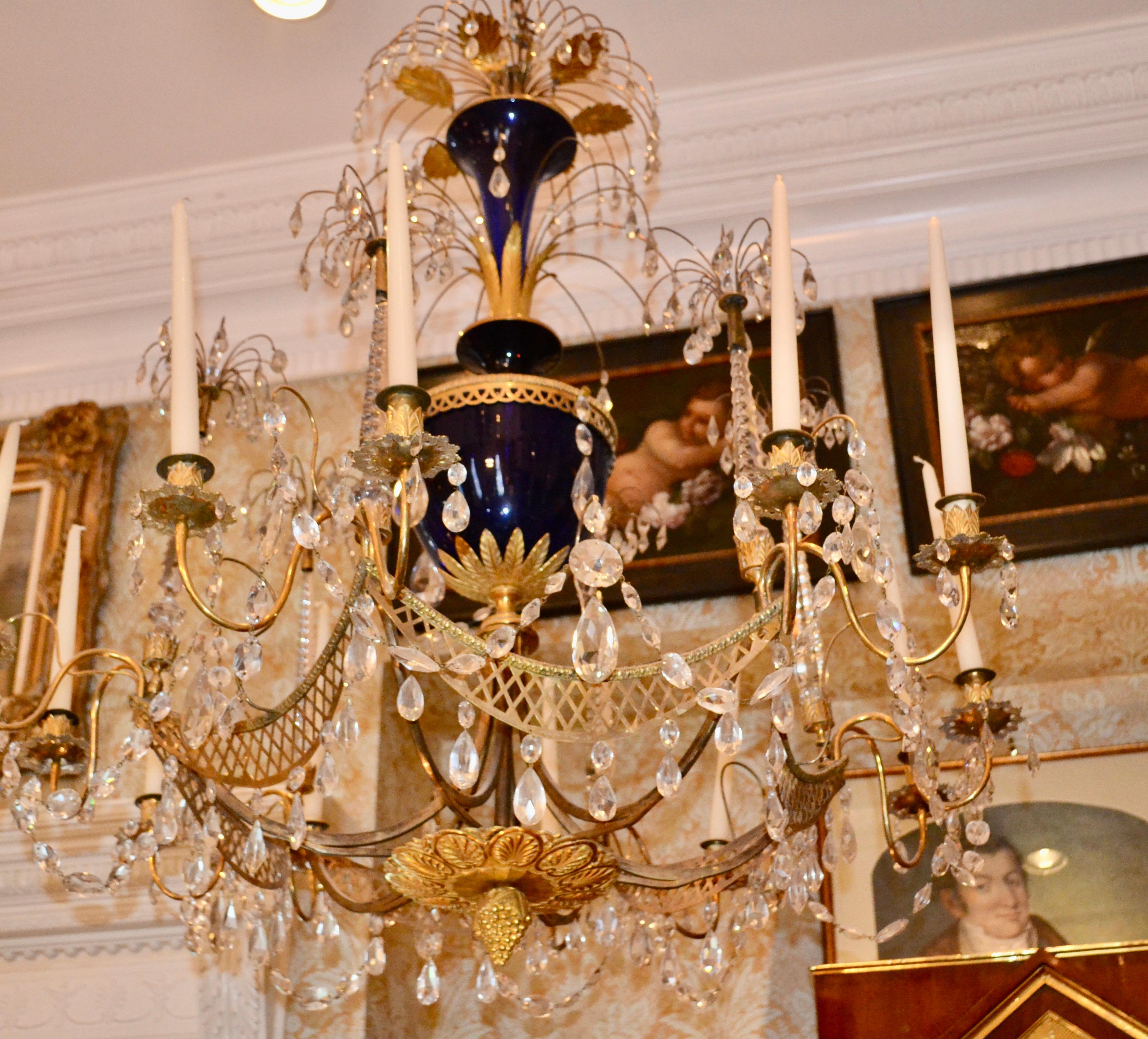 18th Century Russian Crystal, Cobalt Glass and Gilt Bronze Chandelier Attributed to Zekh For Sale