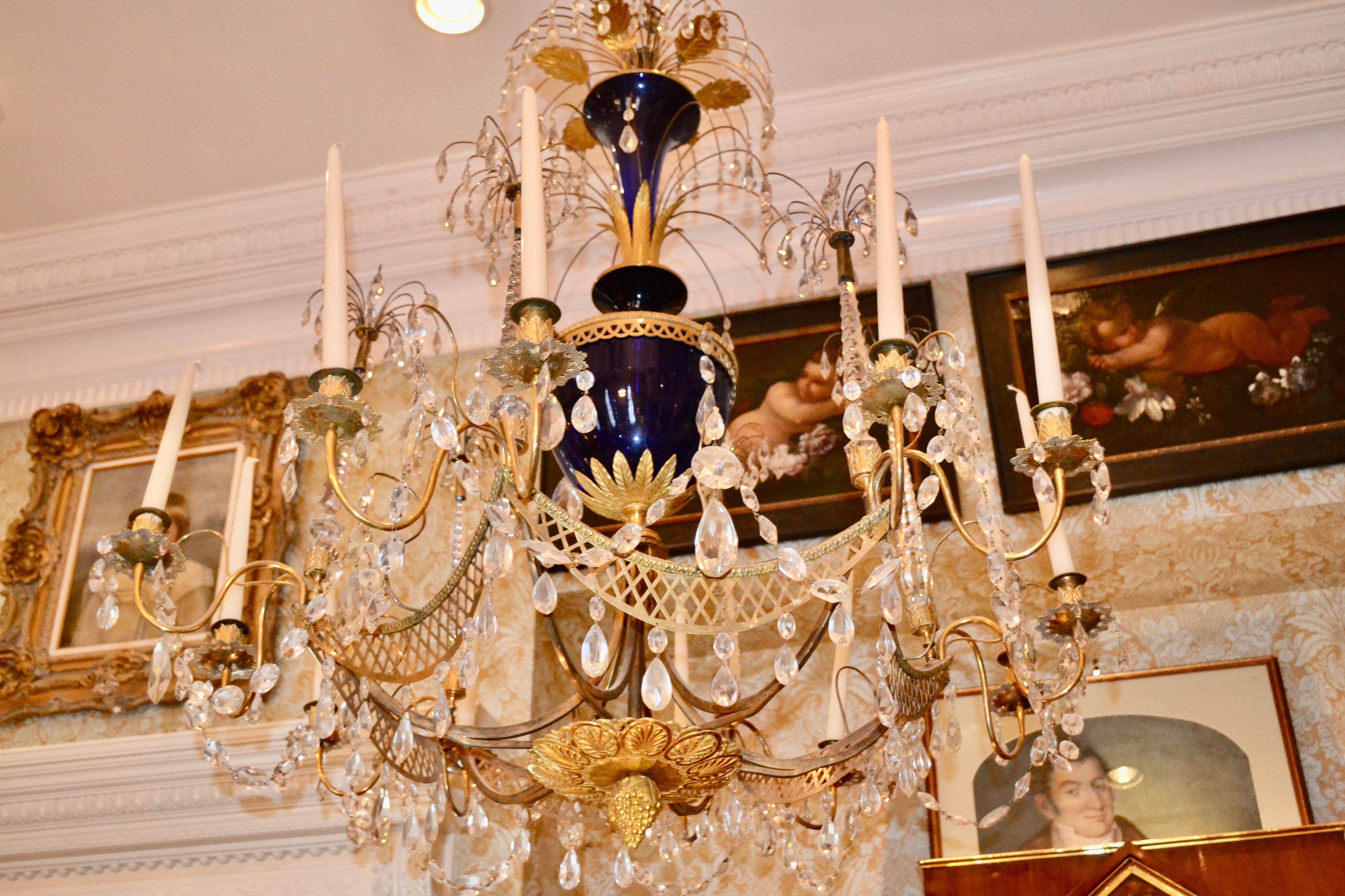 Russian Crystal, Cobalt Glass and Gilt Bronze Chandelier Attributed to Zekh For Sale 1