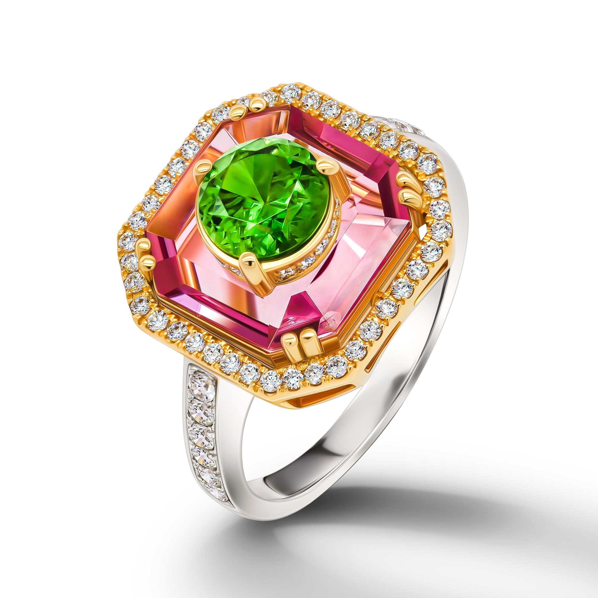 •	18k White Gold.
•	Russian Demantoid in round cut – total carat weight 0.98.
•	Pink Spinel in fantasy cut – total carat weight 3.80.
•	Diamonds in round cut – total carat weight ?
•	Ring Size - 5