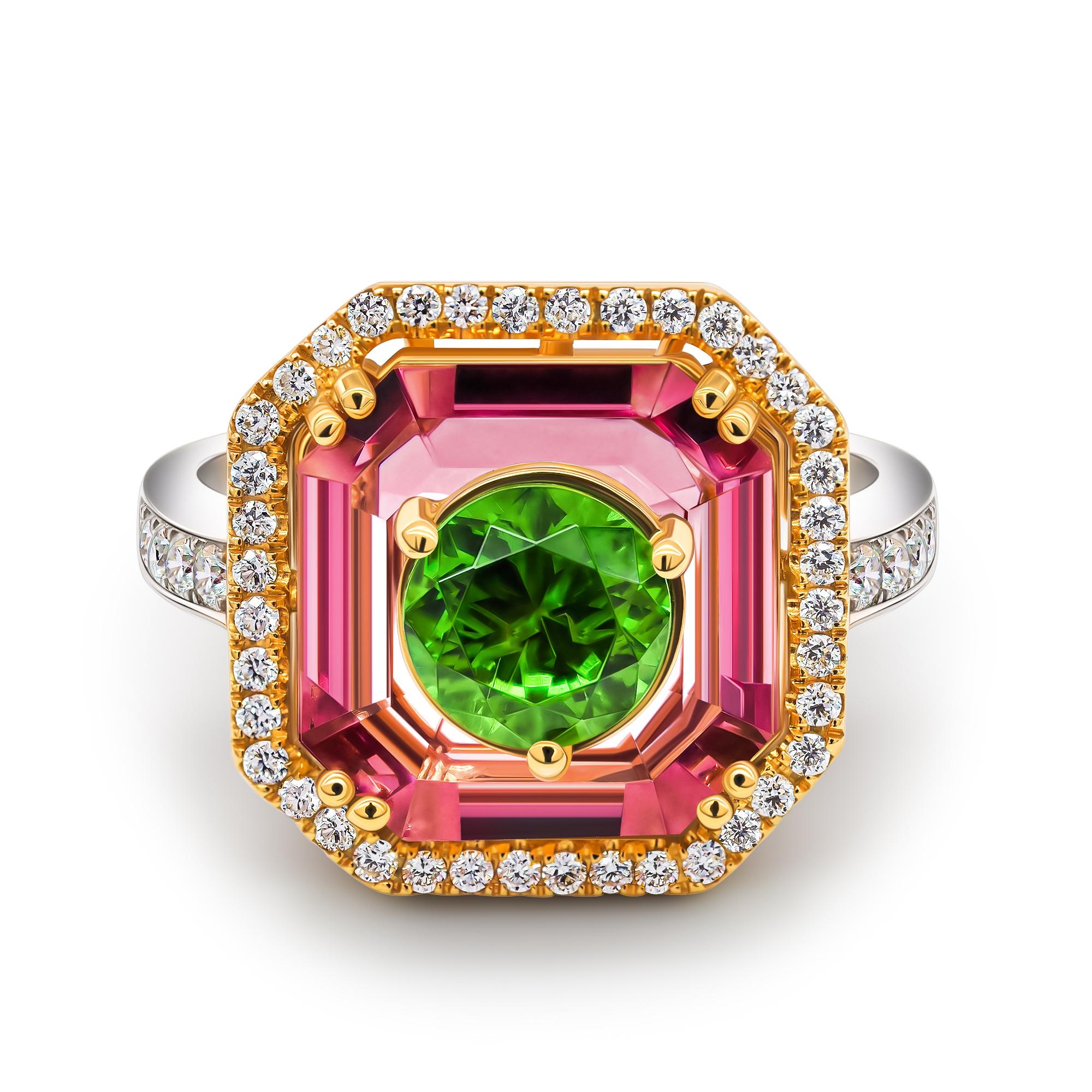 Artisan Russian Demantoid & Pink Spinel Ring, 18k White Gold Diamonds Ring For Sale