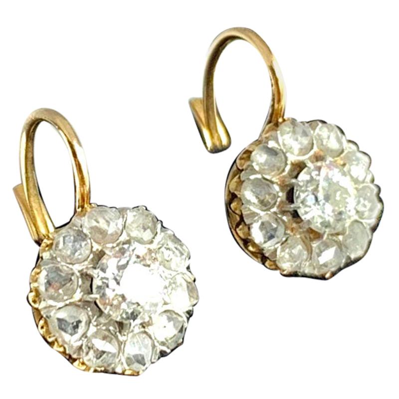 Russian Diamond 14 Karat Gold Classic Flower Form Dormeuses Earrings, 1890-1910