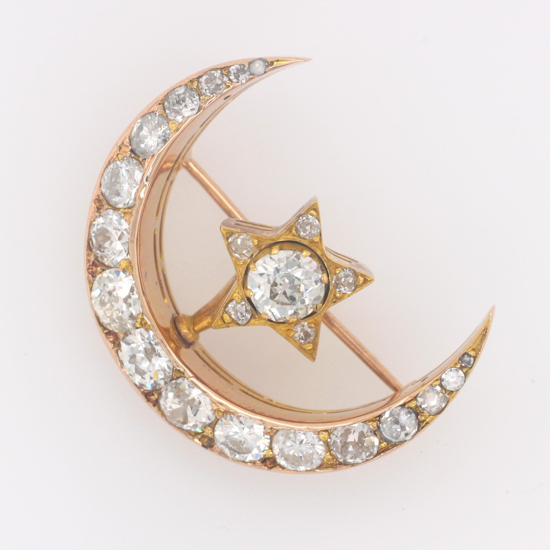 A Russian diamond crescent and star brooch in yellow gold, 19th Century. This beautiful piece carries a strong symbolism - the crescent moon symbolising love and affection and the star giving guidance and direction.This brooch, which can be easily