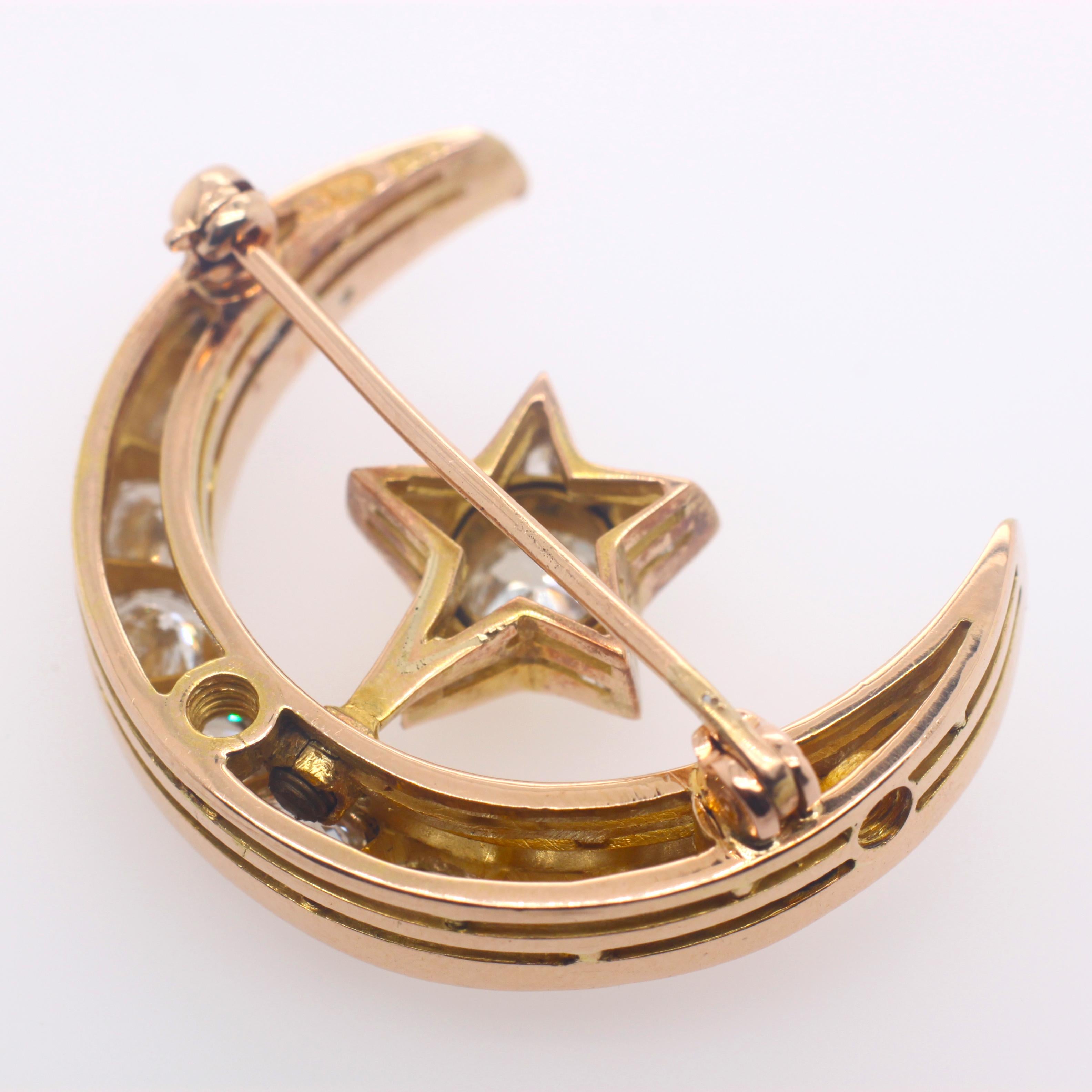 Old Mine Cut Russian Diamond Crescent and Star Brooch, 19th Century