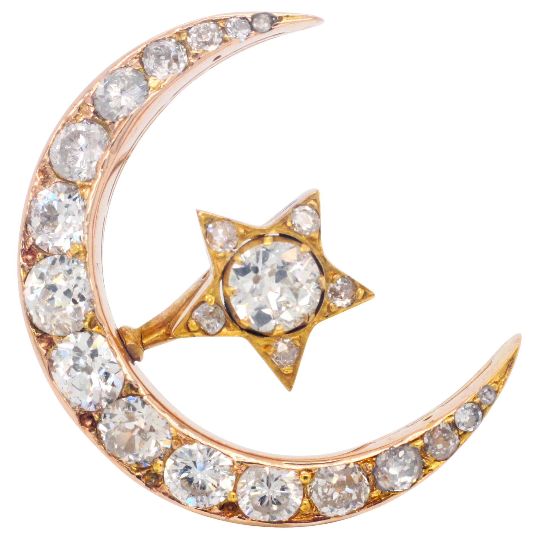 Russian Diamond Crescent and Star Brooch, 19th Century