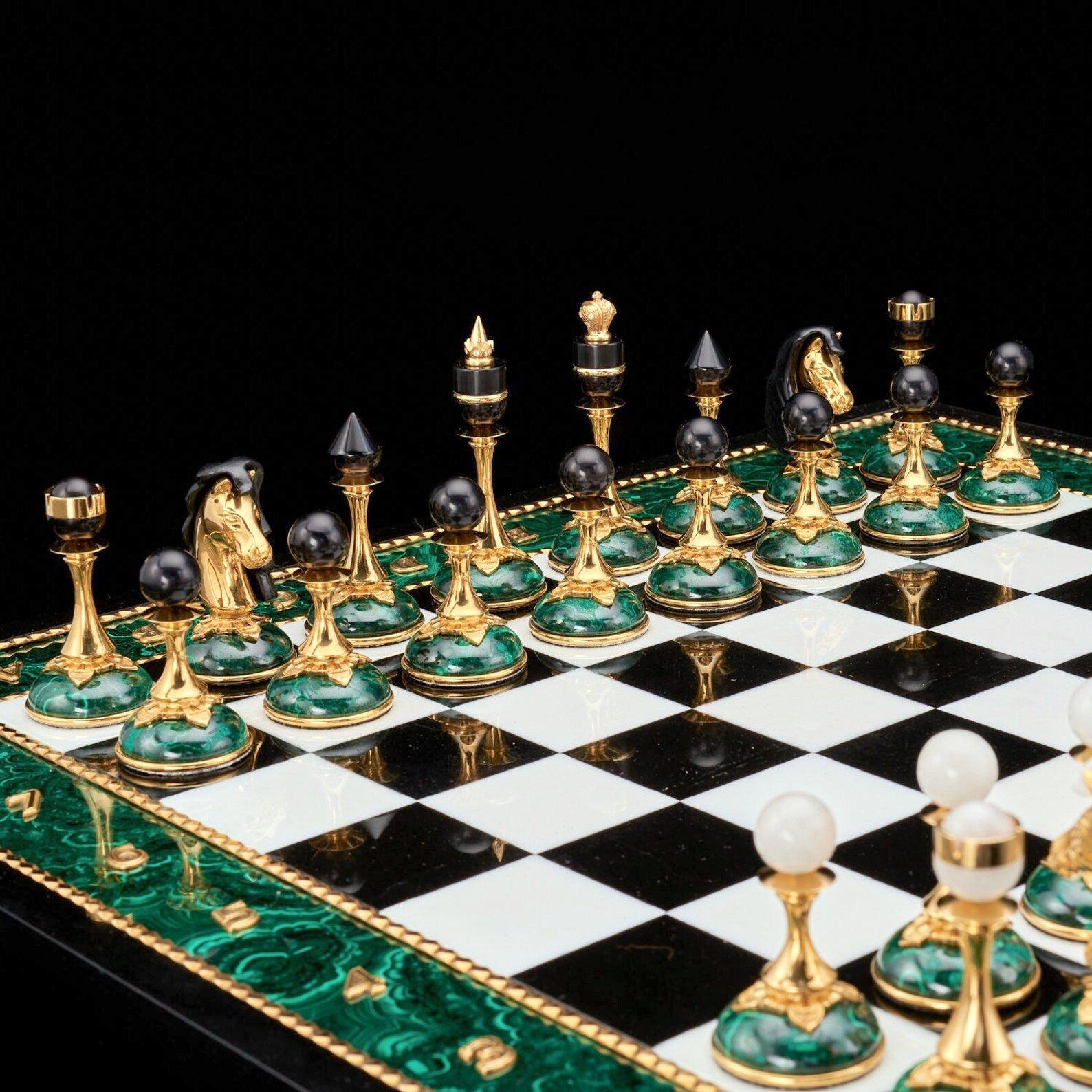 Russian Dolerite, Malachite & Kascholong Opal Chess Set In Good Condition For Sale In Los Angeles, CA