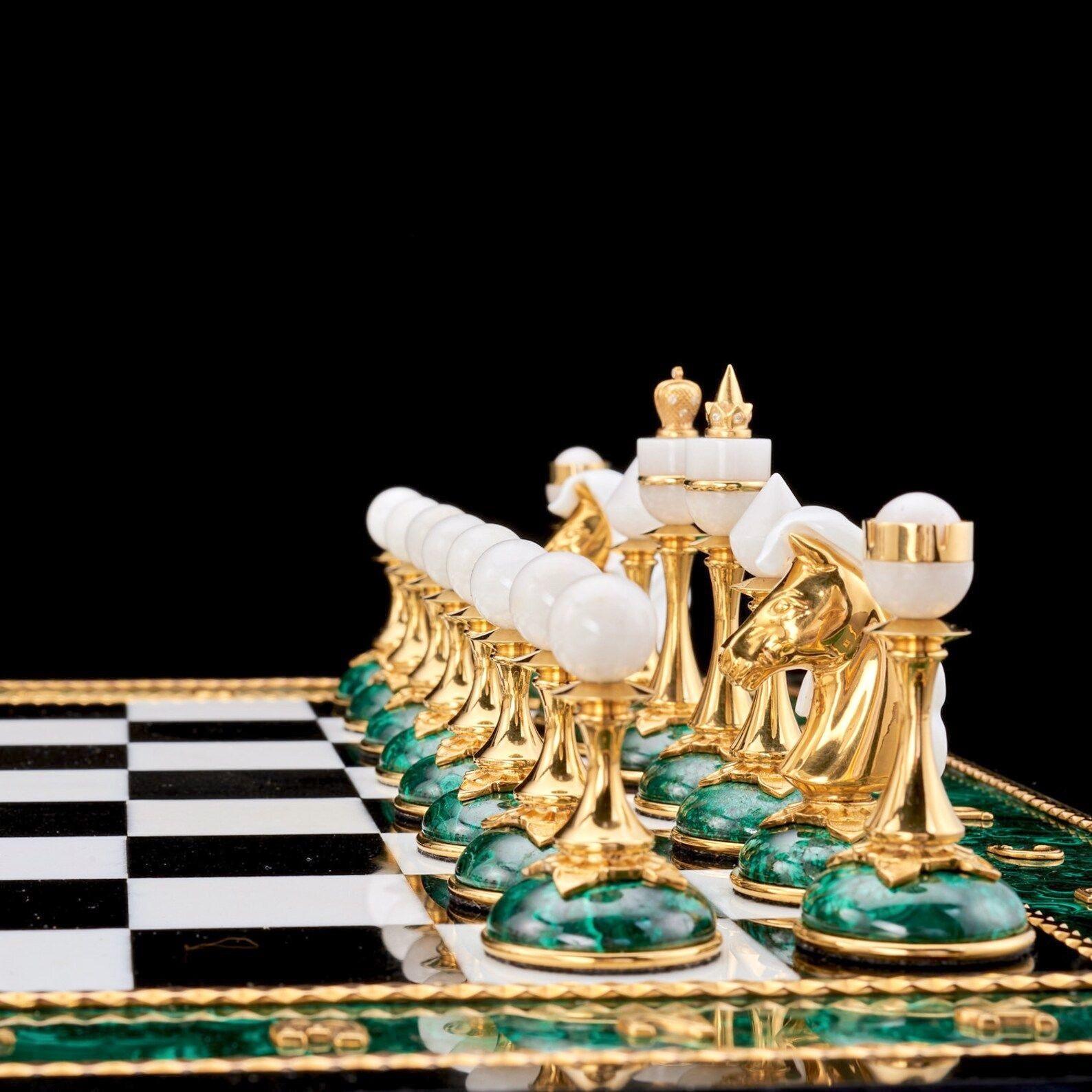 Gold Plate Russian Dolerite, Malachite & Kascholong Opal Chess Set For Sale