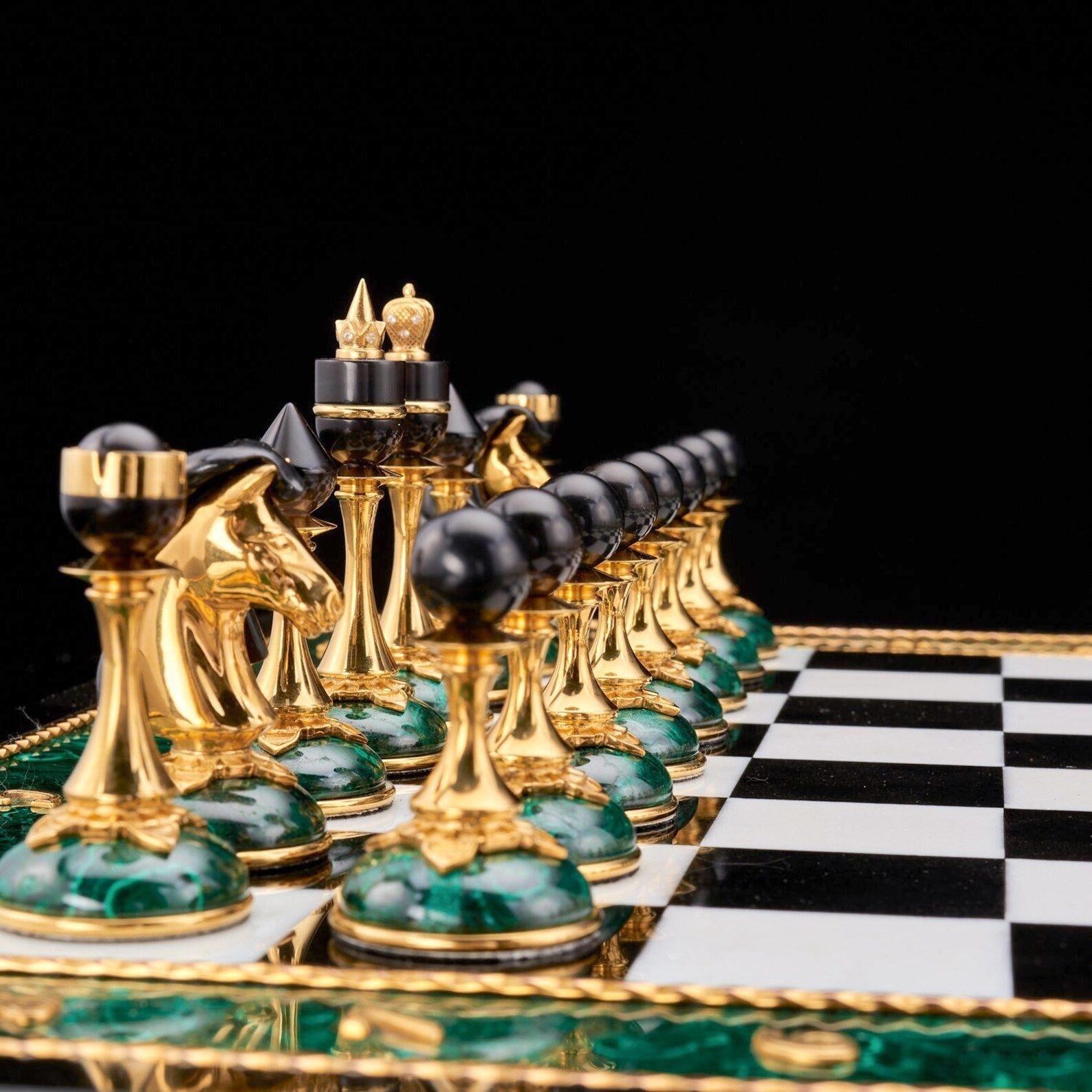 Russian Dolerite, Malachite & Kascholong Opal Chess Set For Sale 1
