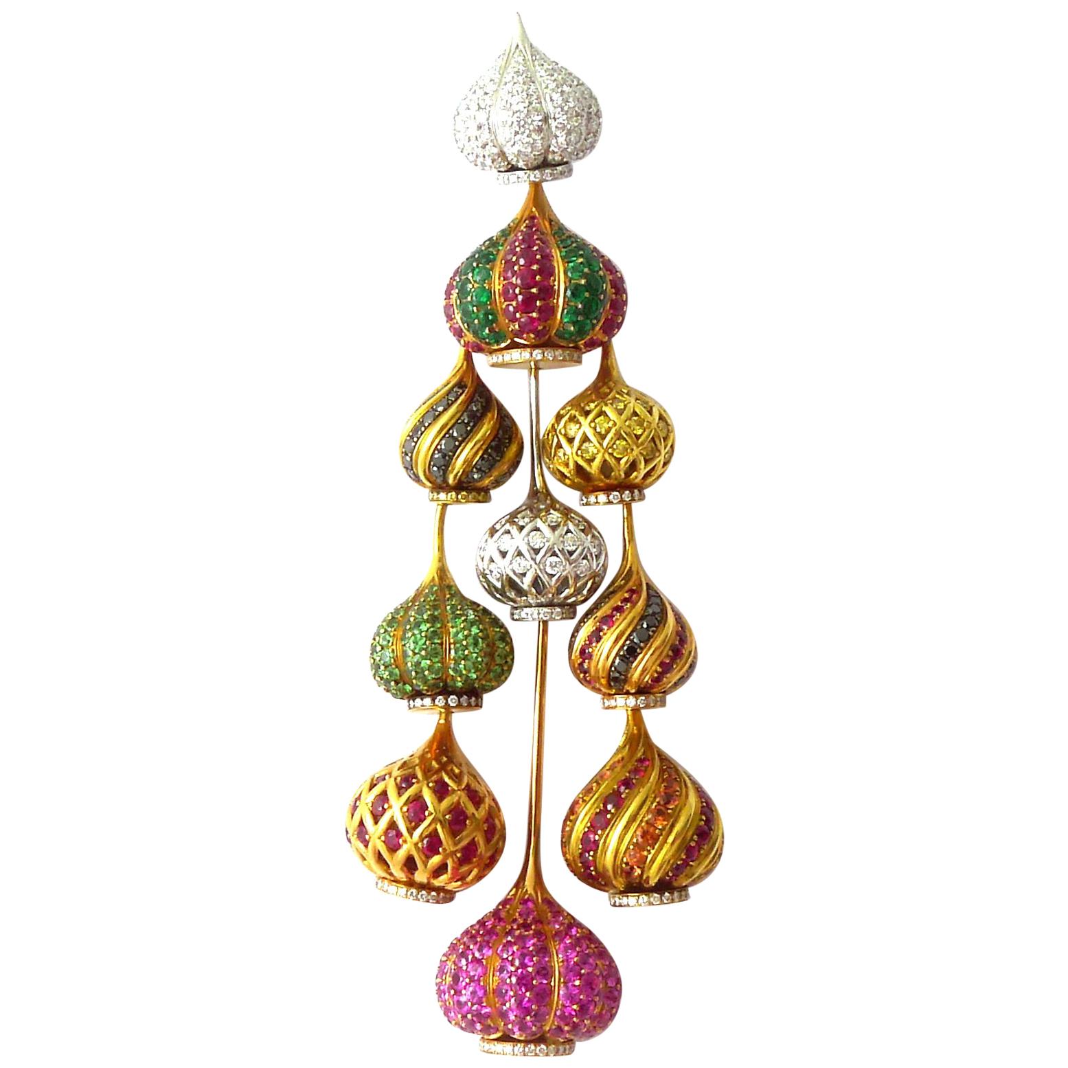 Russian Dome Pendant in 18 Karat White, Yellow and Pink Gold Set with Diamonds For Sale