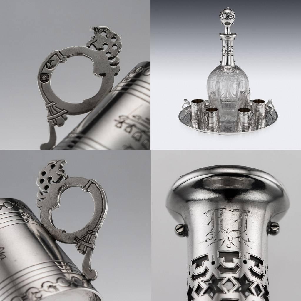 Russian Eight-Piece Silver and Glass Vodka Set, circa 1880 For Sale 4