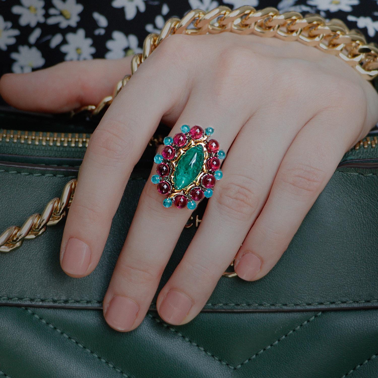 Russian Emerald 18 Karat Gold Rubellite Paraiba Cocktail Ring In New Condition For Sale In Bangkok, TH