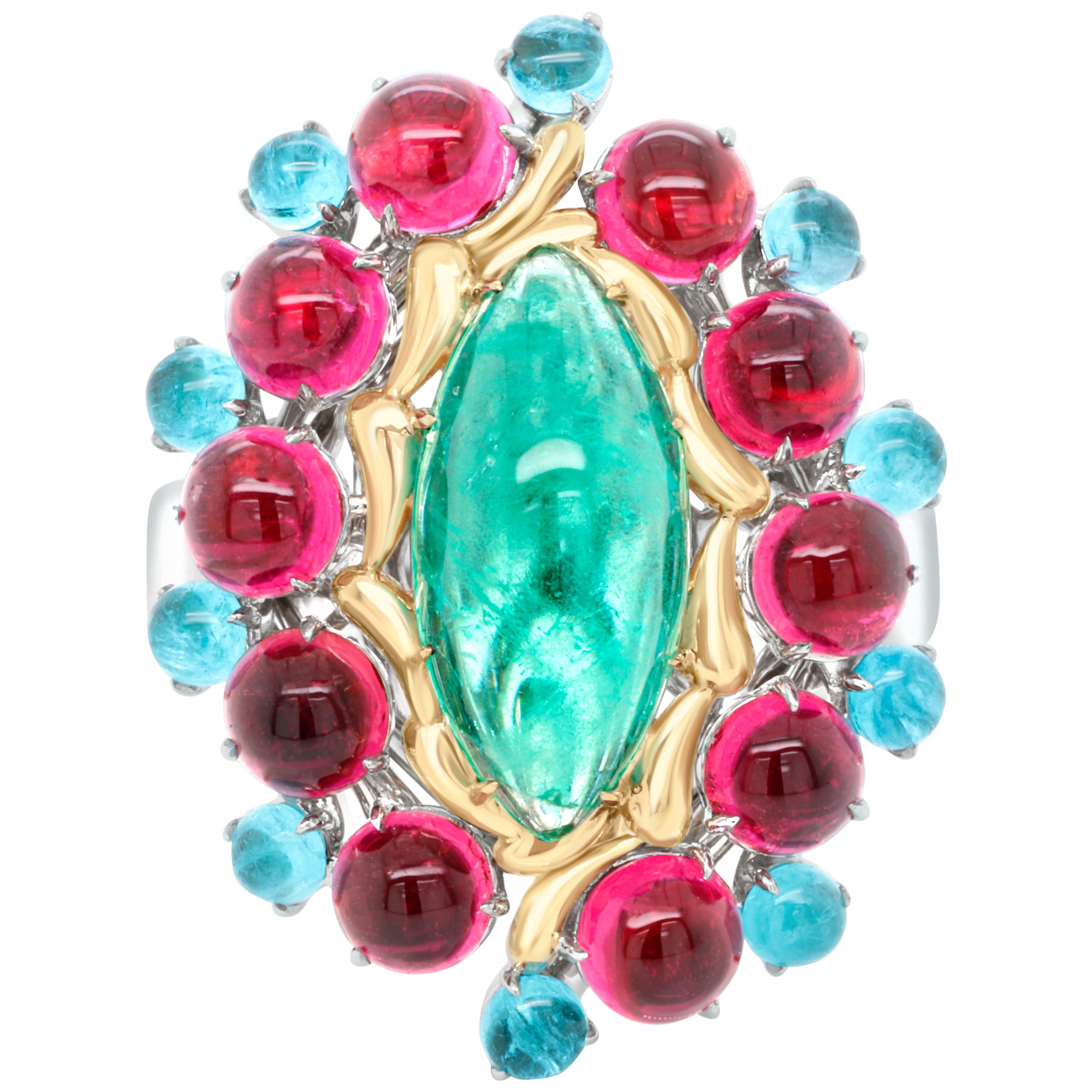 Bague cocktail Paraiba en or 18 carats avec émeraude russe et rubellite