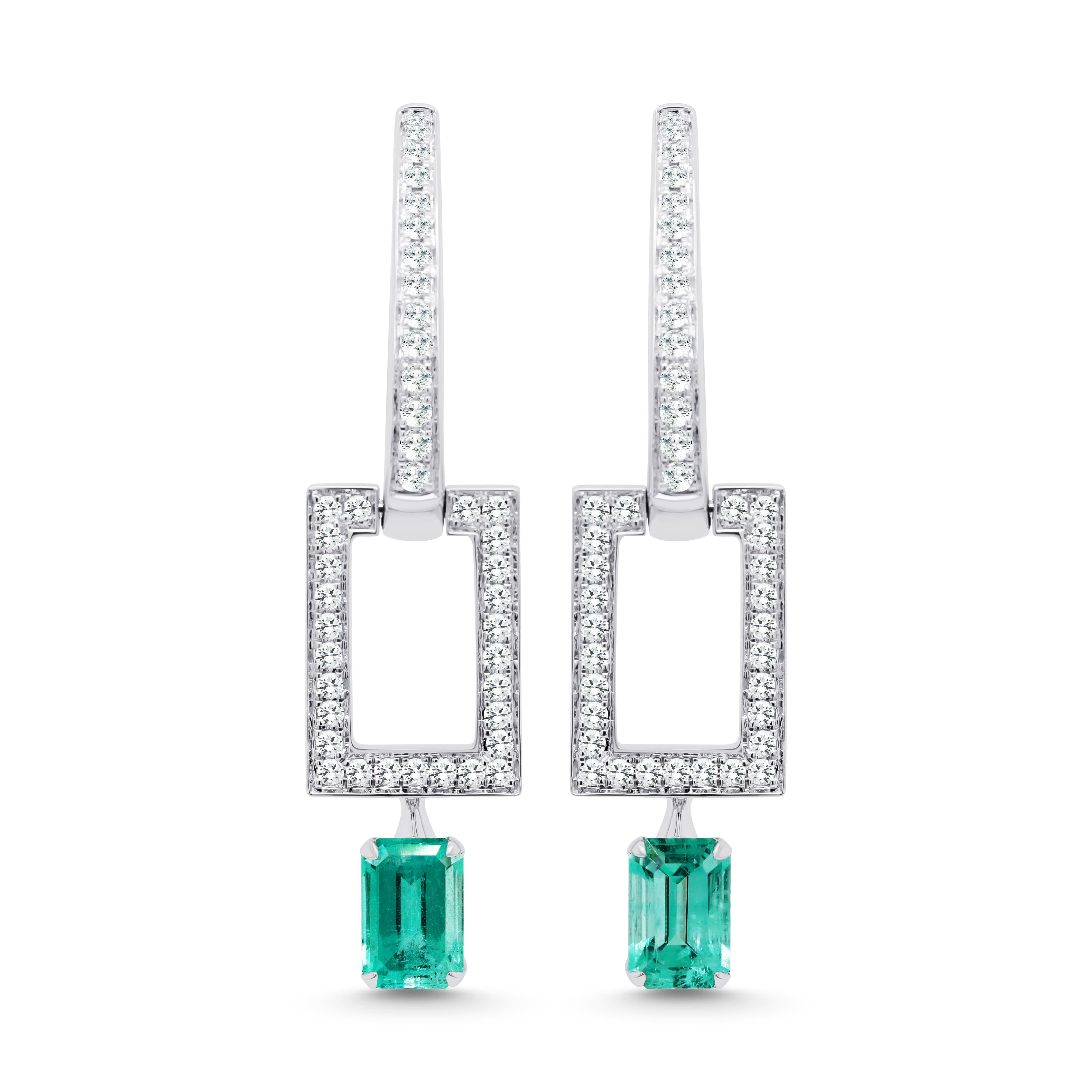 Contemporary Russian Emerald and Diamond 18K Gold Dangle Earrings