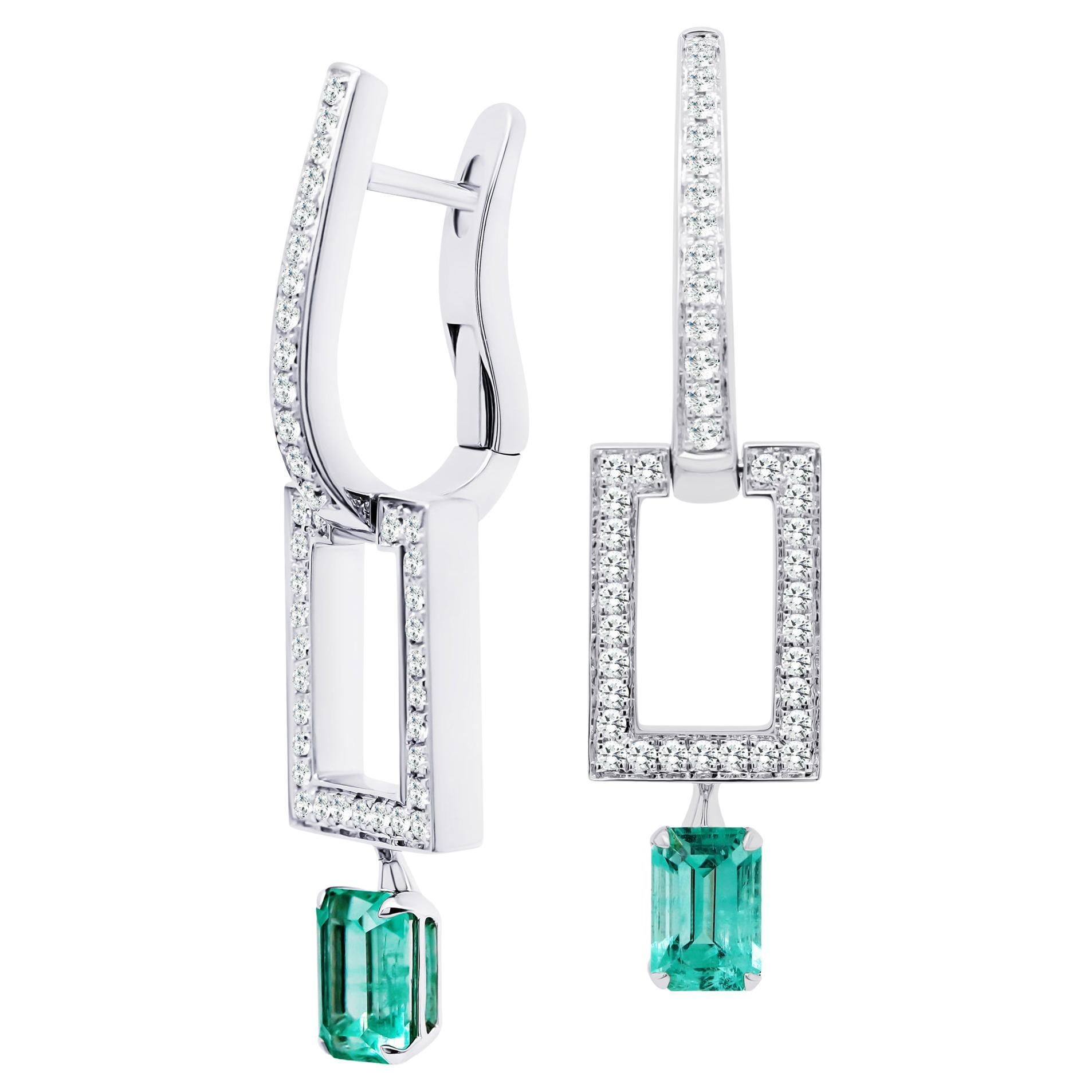 Russian Emerald and Diamond 18K Gold Dangle Earrings