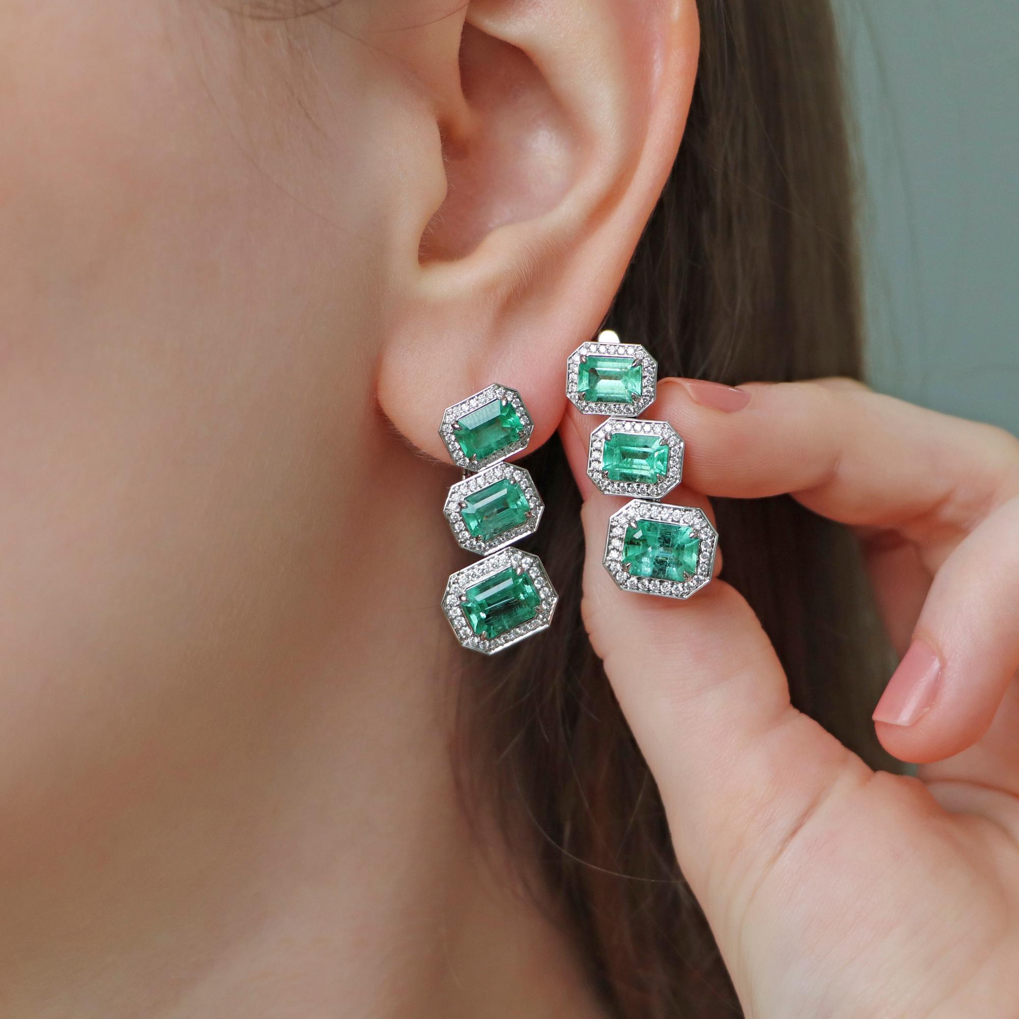 Emerald Cut Russian Emerald and Diamond 18K Gold Drop Earrings For Sale