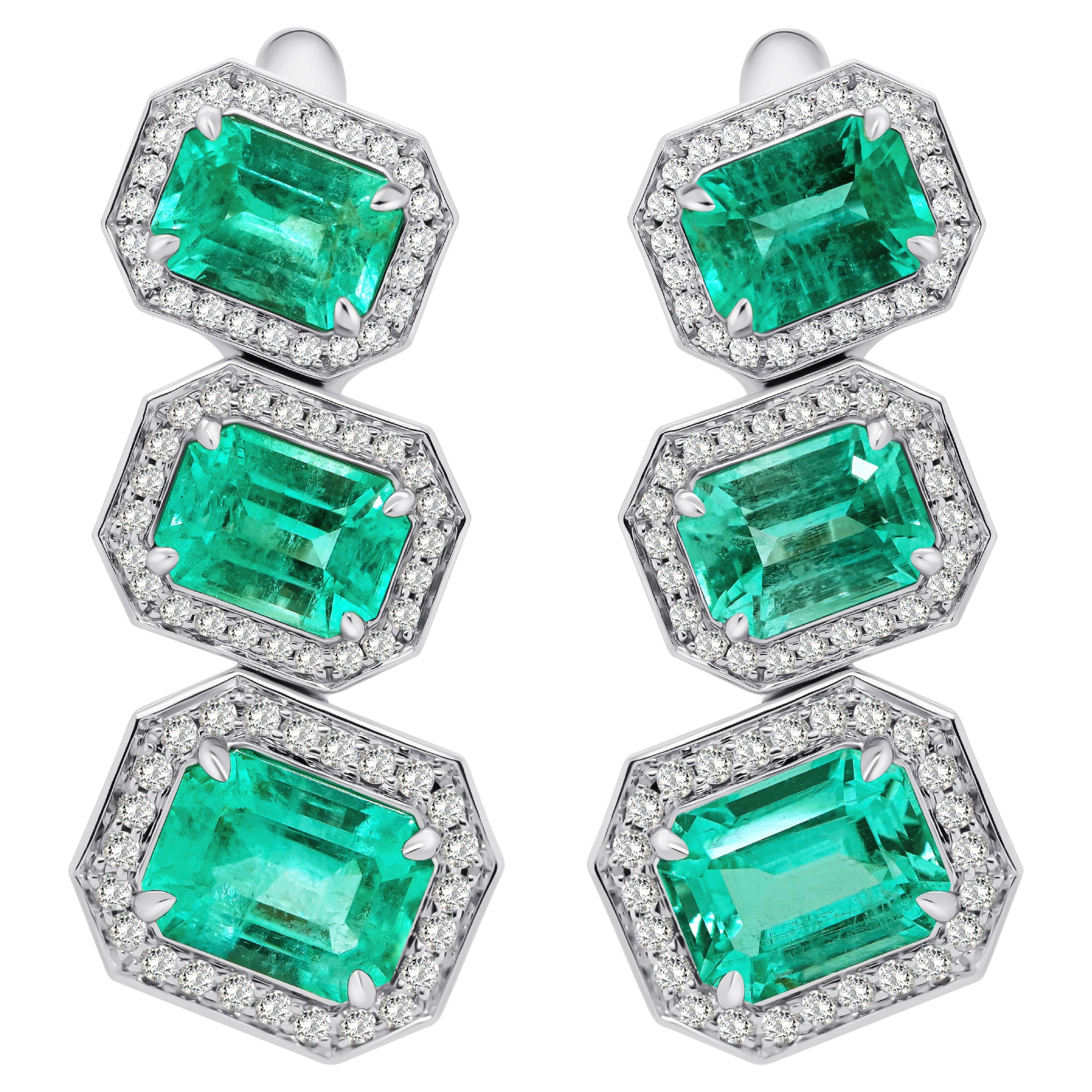 Russian Emerald and Diamond 18K Gold Drop Earrings For Sale