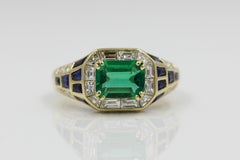 Russian Emerald Diamond Sapphire 3.42 Carat GIA Estate Ring 18K Yellow Gold