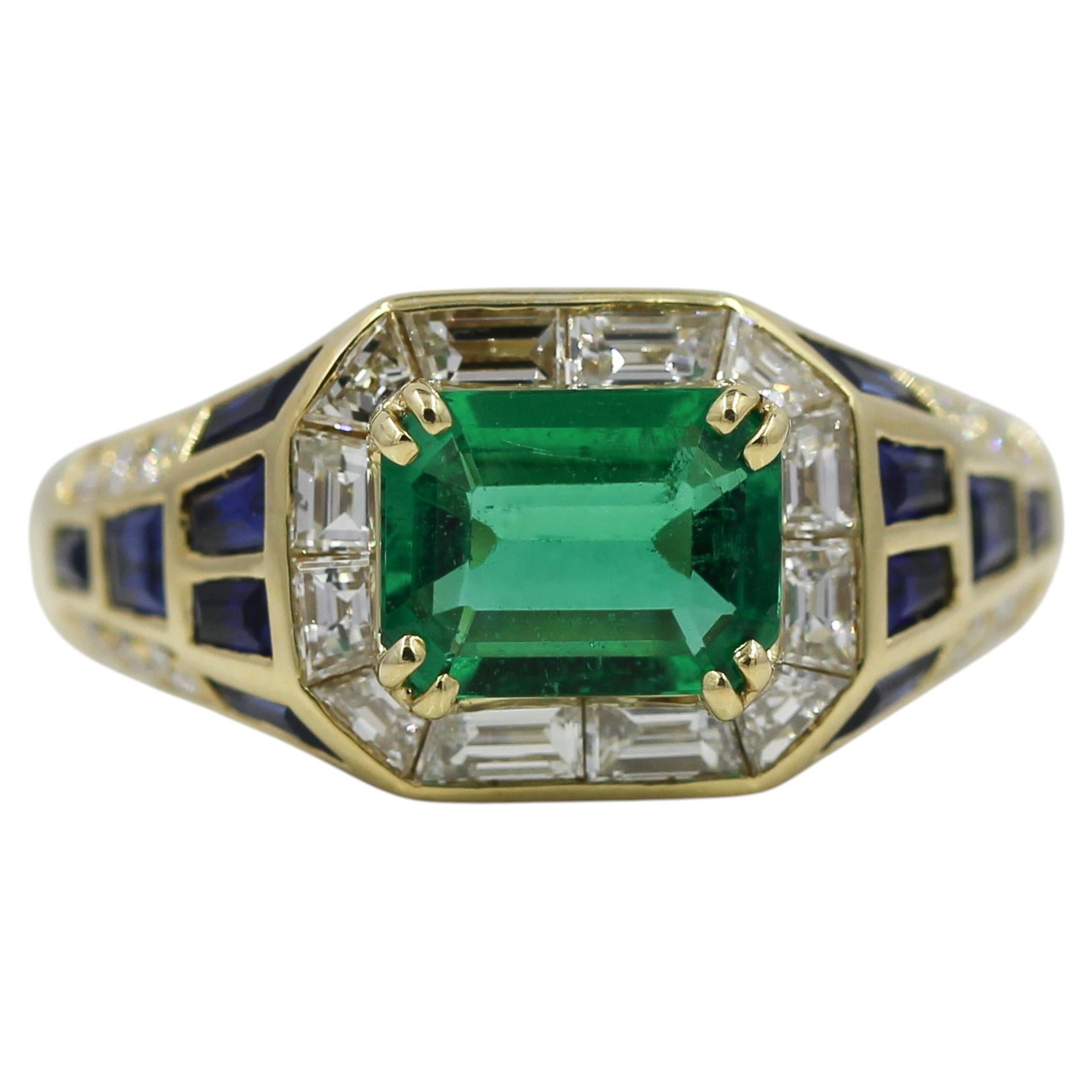 Grüner Smaragd Diamant Saphir 3,42 Karat GIA Estate Ring 18K Gelbgold