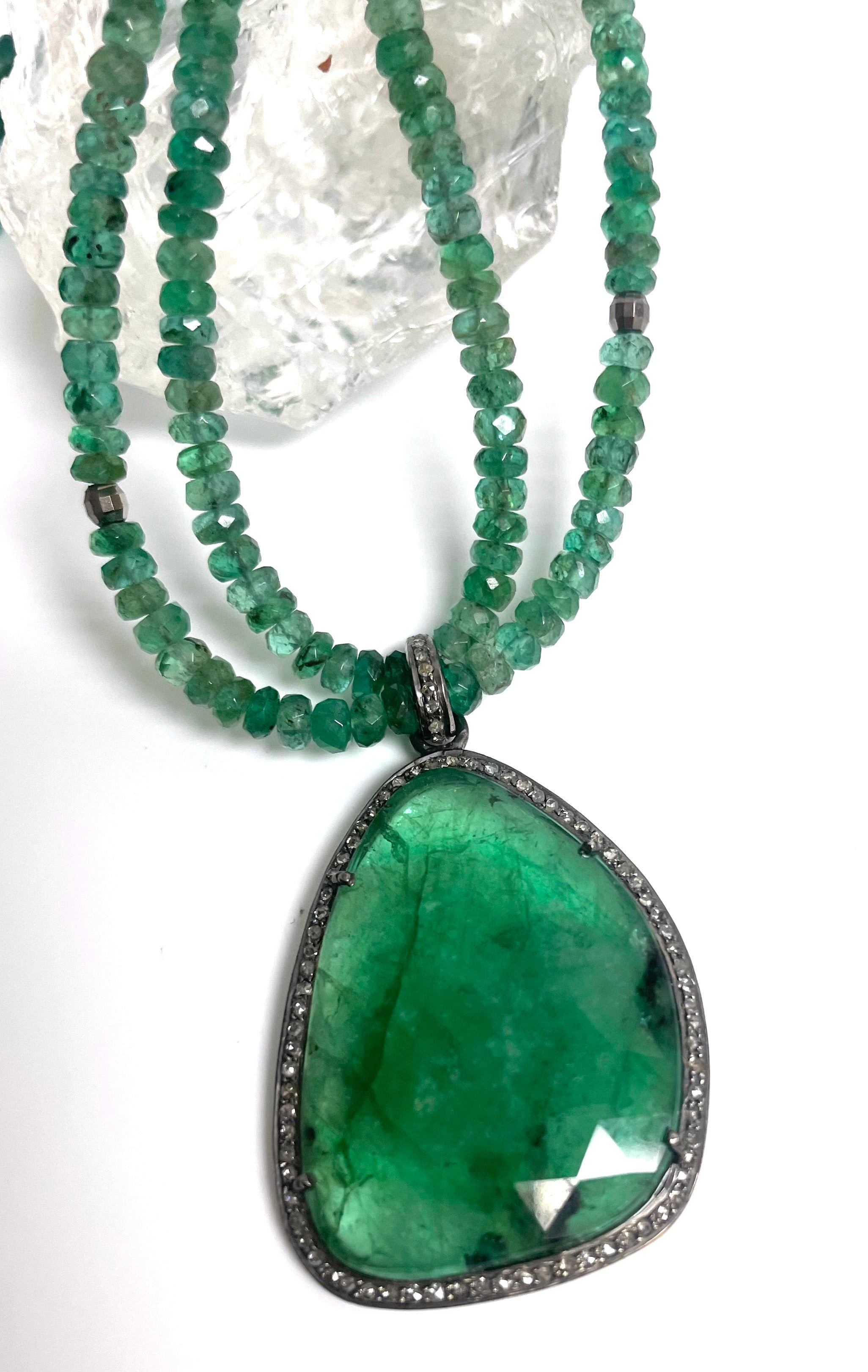 Artisan Russian Emerald Pendant on a Double Strand Emerald Paradizia Necklace For Sale