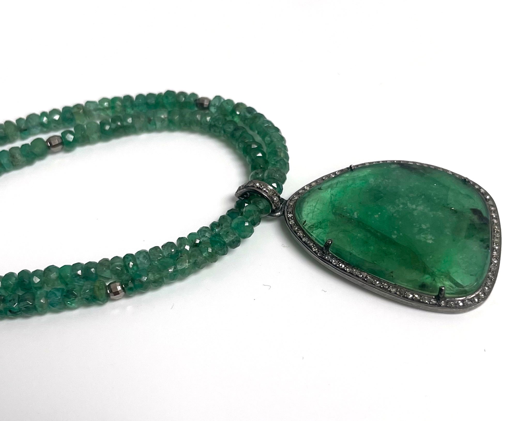 Bead Russian Emerald Pendant on a Double Strand Emerald Paradizia Necklace For Sale