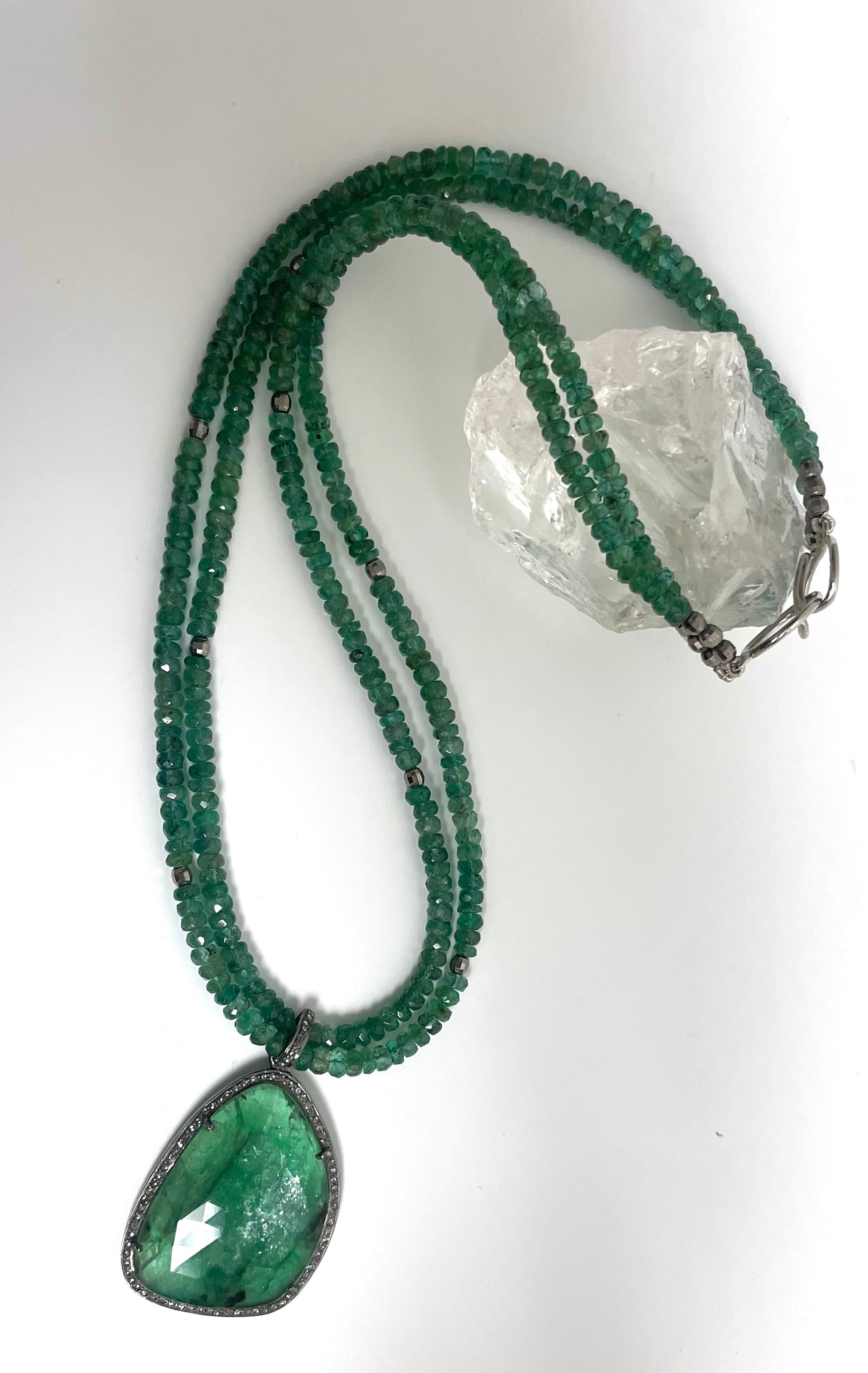 Russian Emerald Pendant on a Double Strand Emerald Paradizia Necklace In New Condition For Sale In Laguna Beach, CA