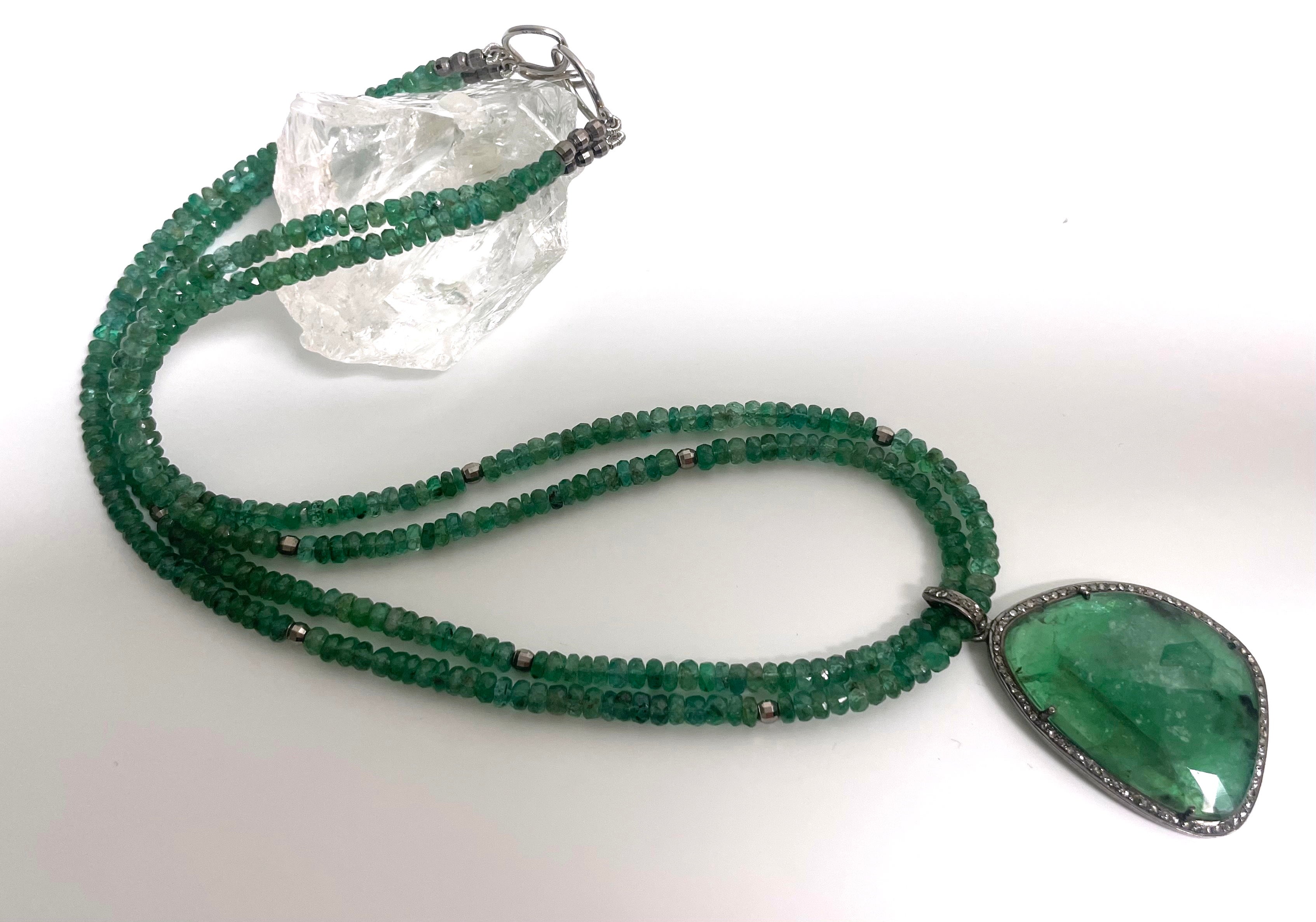 Women's Russian Emerald Pendant on a Double Strand Emerald Paradizia Necklace For Sale