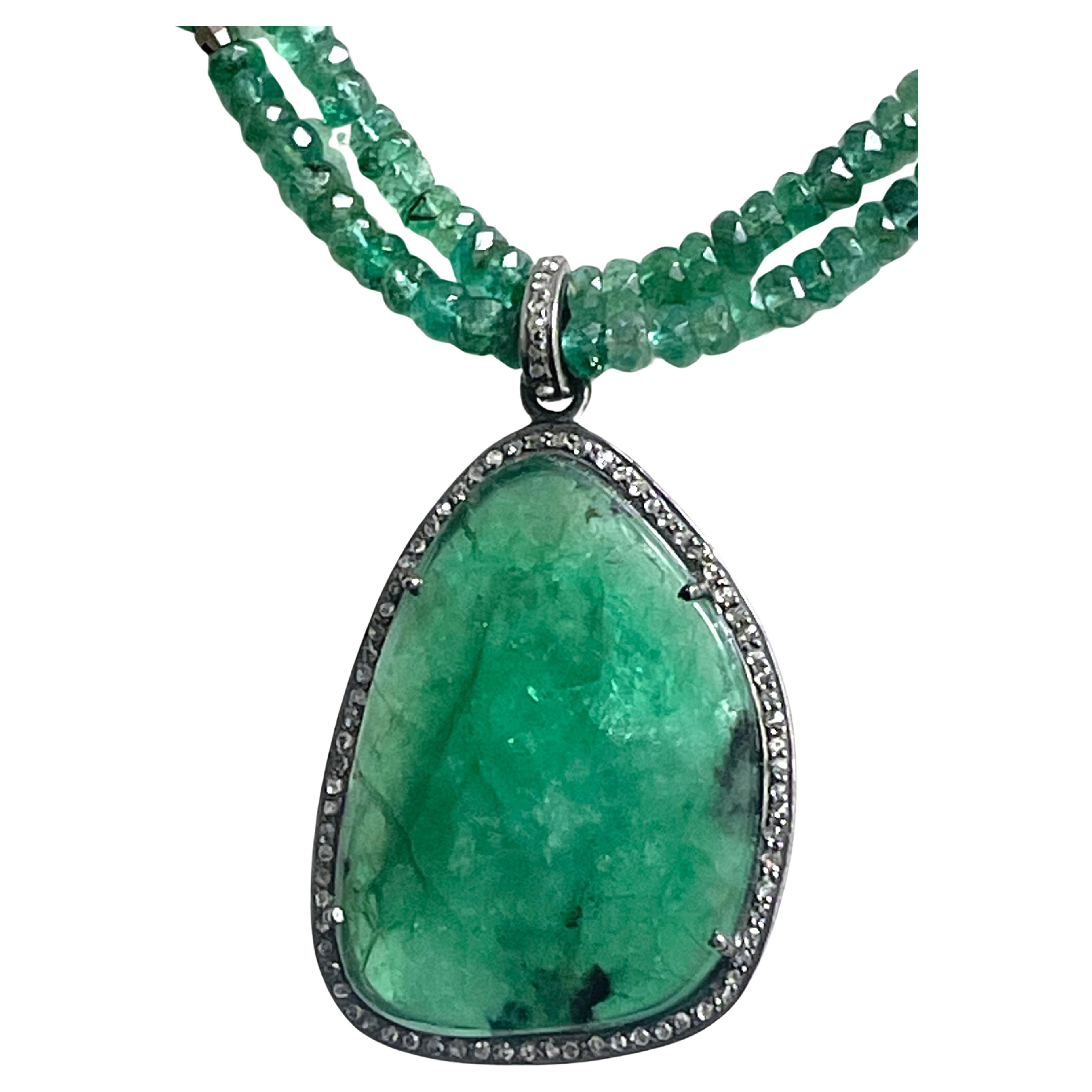 Russian Emerald Pendant on a Double Strand Emerald Paradizia Necklace For Sale 1