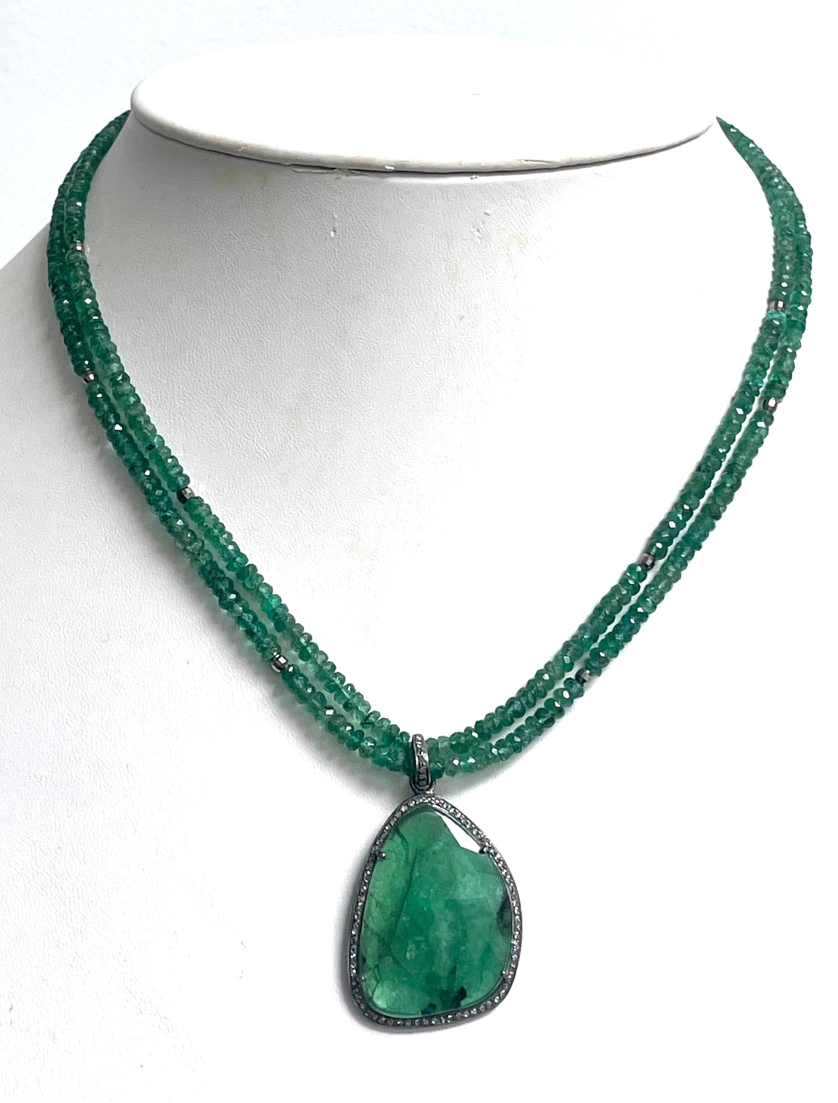 Russian Emerald Pendant on a Double Strand Emerald Paradizia Necklace For Sale 2