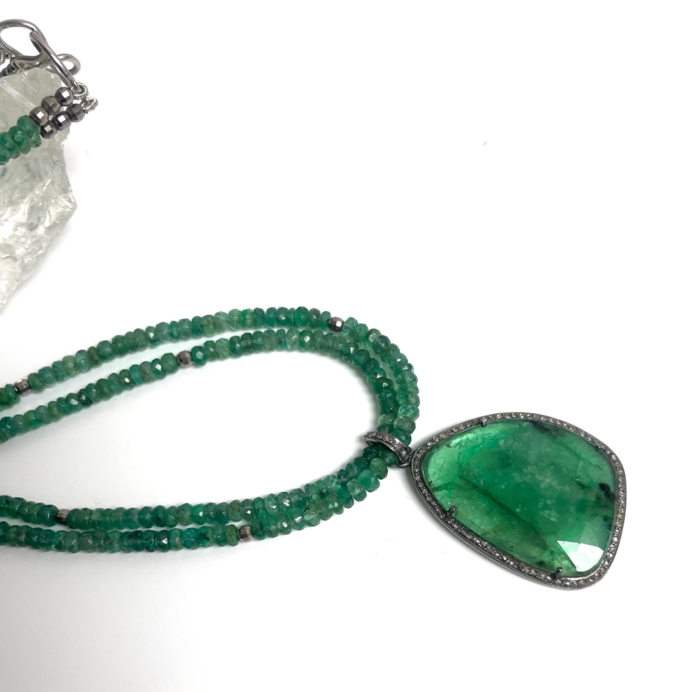 Russian Emerald Pendant on a Double Strand Emerald Paradizia Necklace For Sale 3