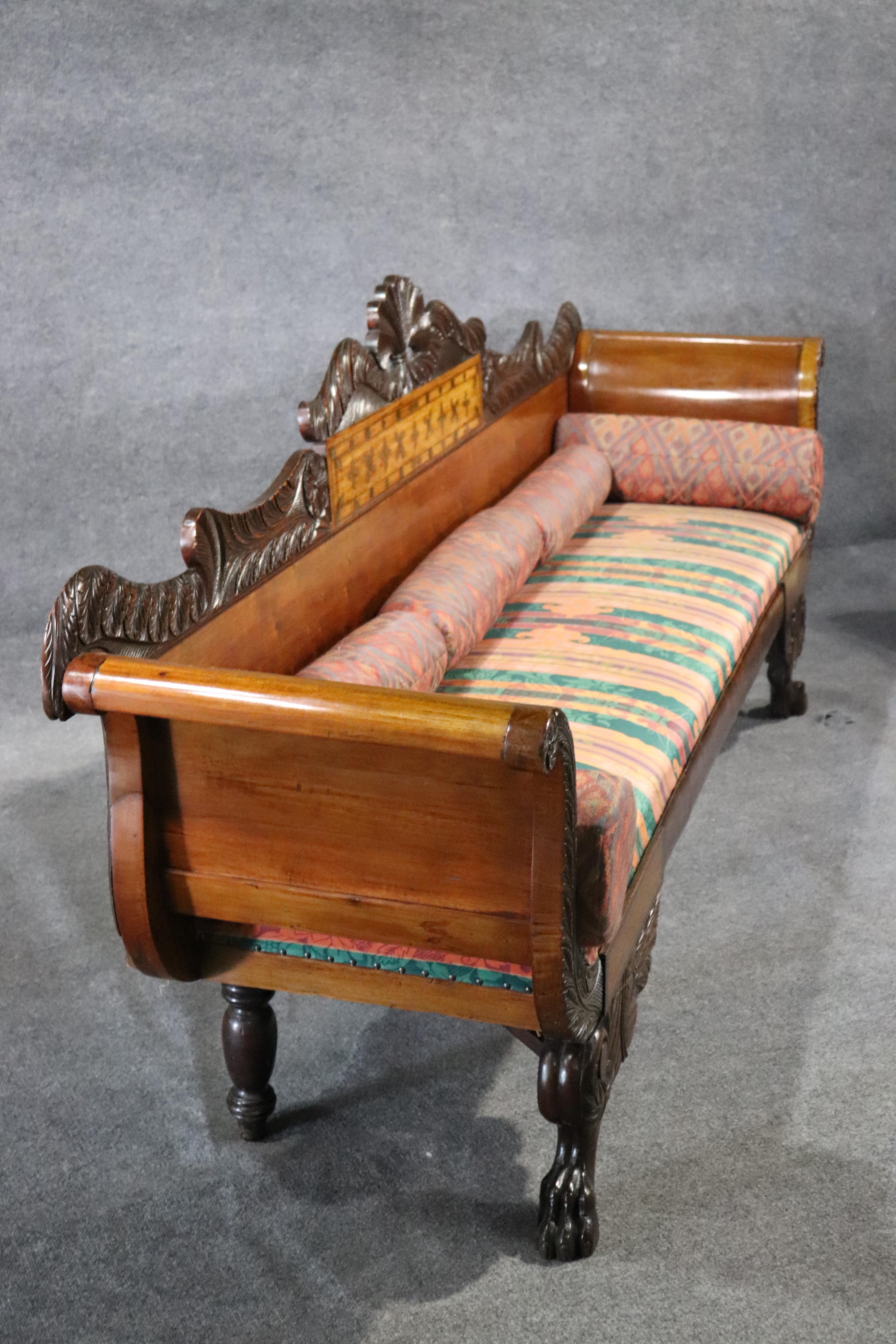 Russian Empire Brass Boulle Inlaid Mahogany and Satinwood Paw Footed Sofa 4