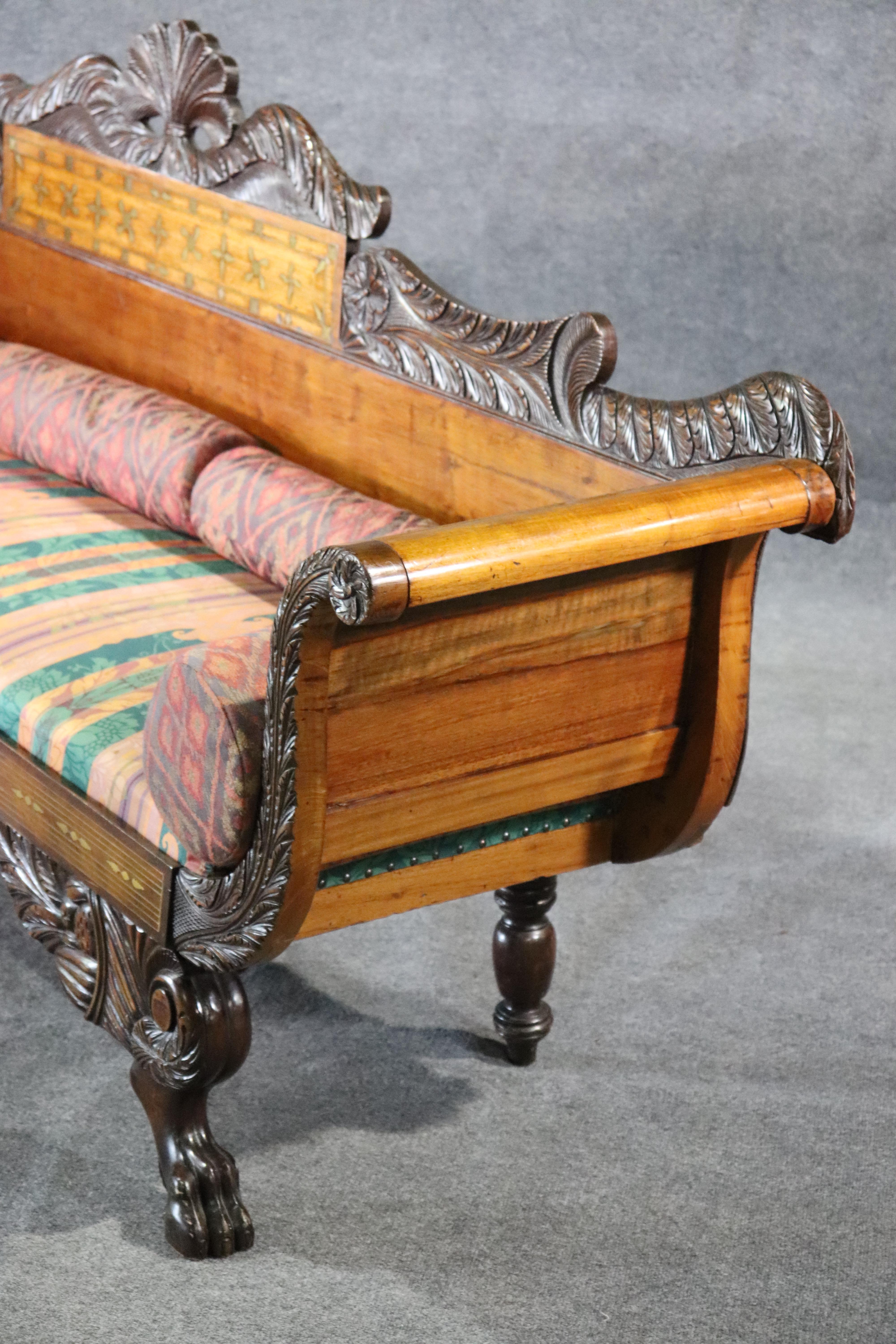 Russian Empire Brass Boulle Inlaid Mahogany and Satinwood Paw Footed Sofa 5