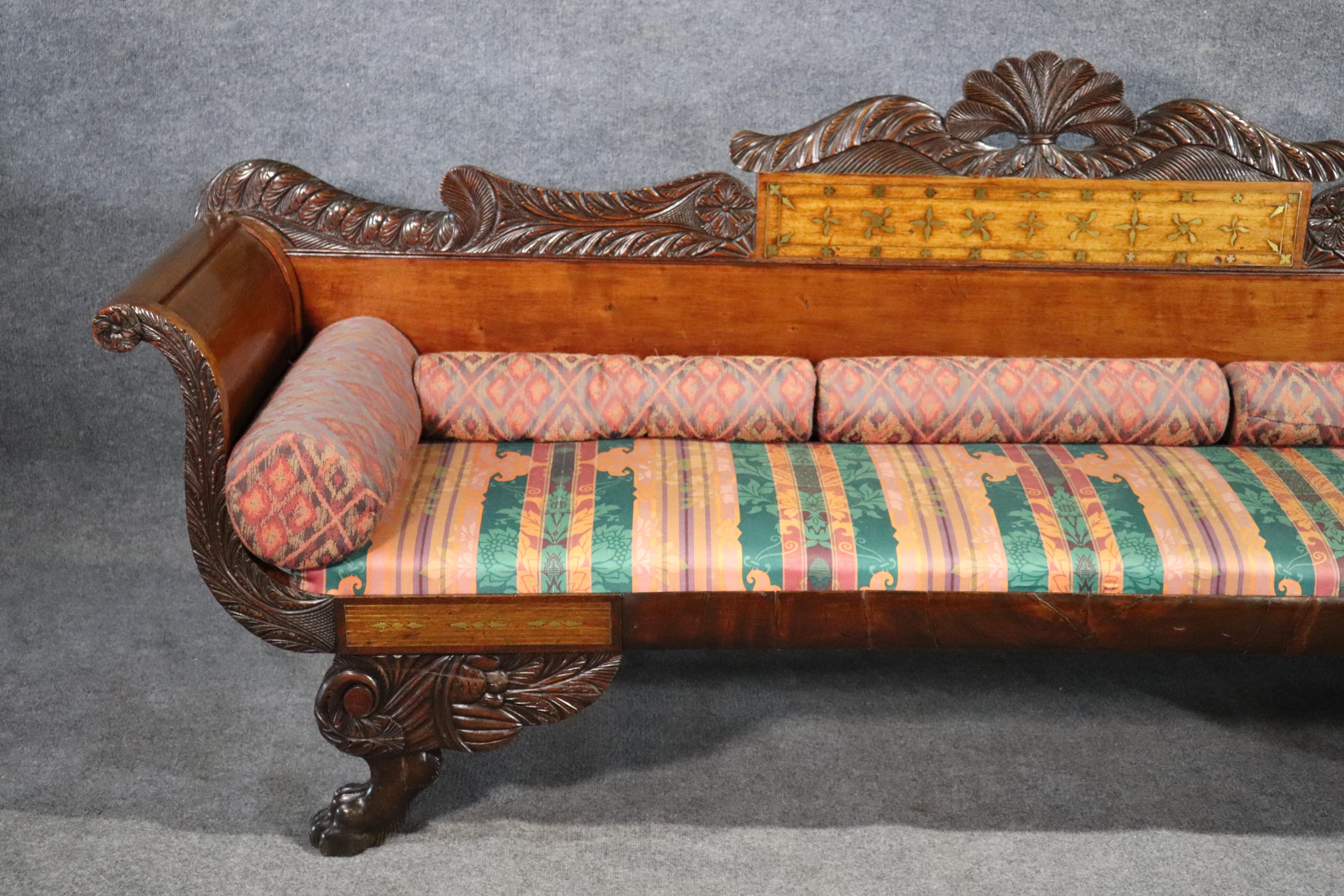 Russian Empire Brass Boulle Inlaid Mahogany and Satinwood Paw Footed Sofa In Good Condition In Swedesboro, NJ
