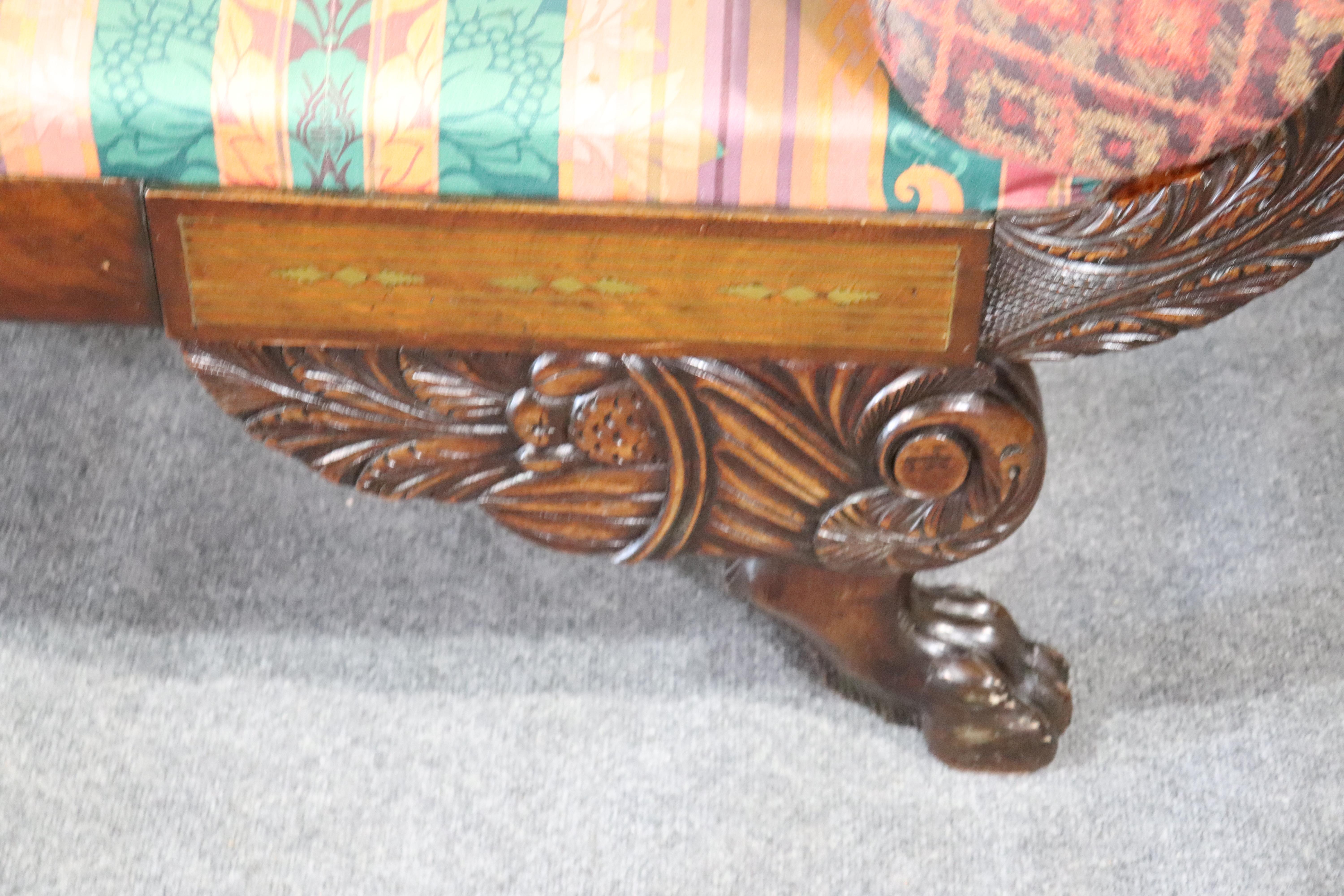Mid-19th Century Russian Empire Brass Boulle Inlaid Mahogany and Satinwood Paw Footed Sofa