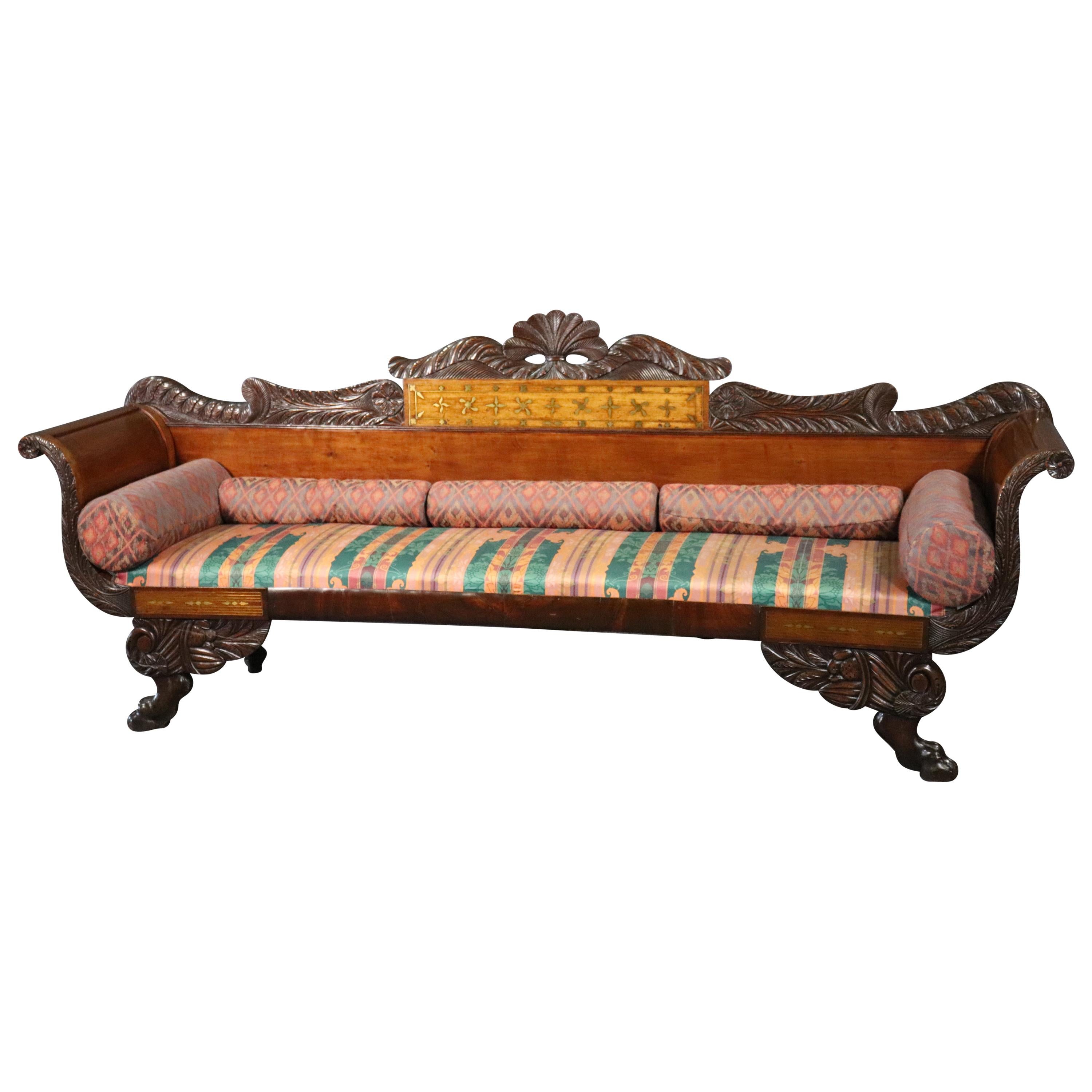 Russian Empire Brass Boulle Inlaid Mahogany and Satinwood Paw Footed Sofa