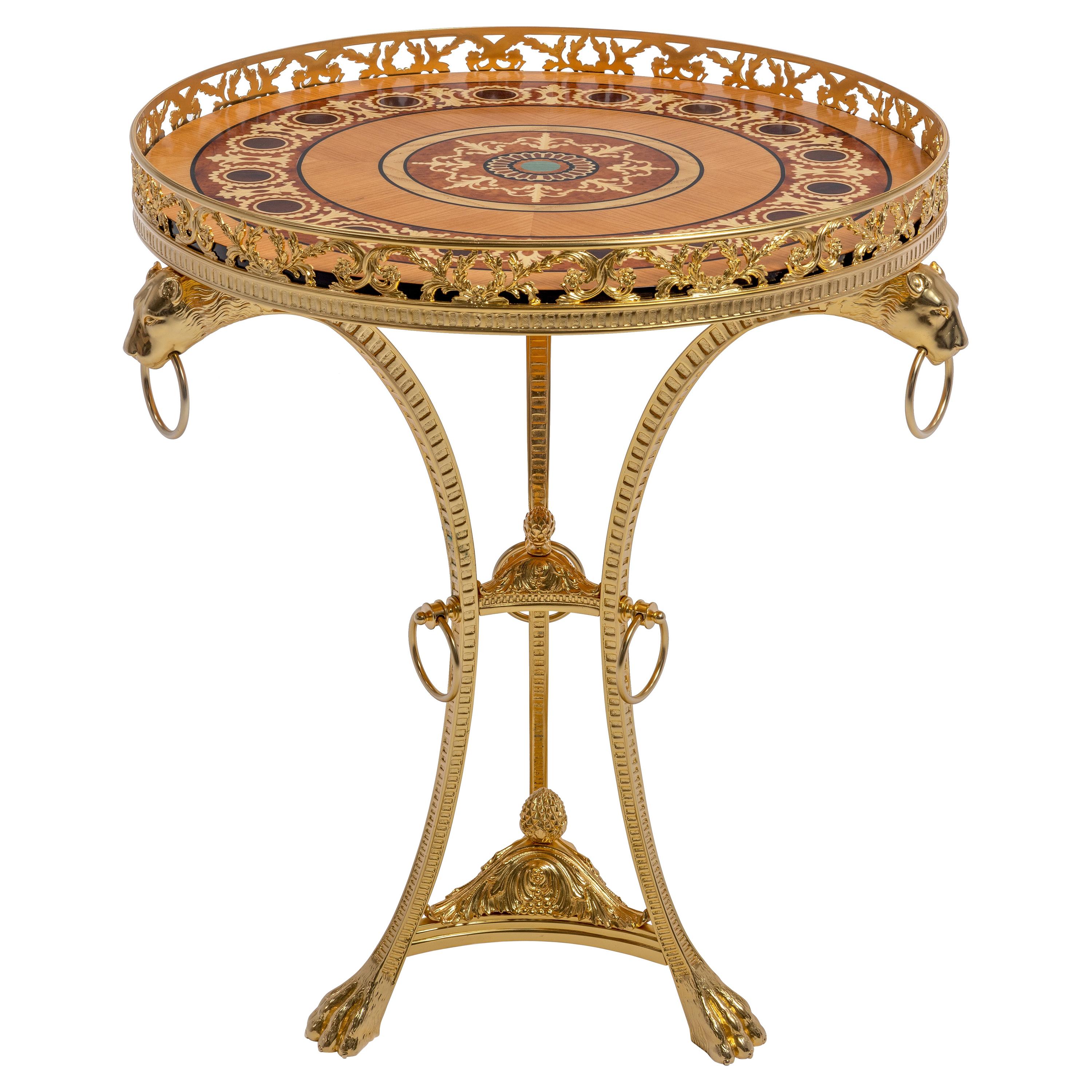 Russian Empire Brass Microfusion Side Table Real Gold 23 3/4 Plated, Inlayed Top